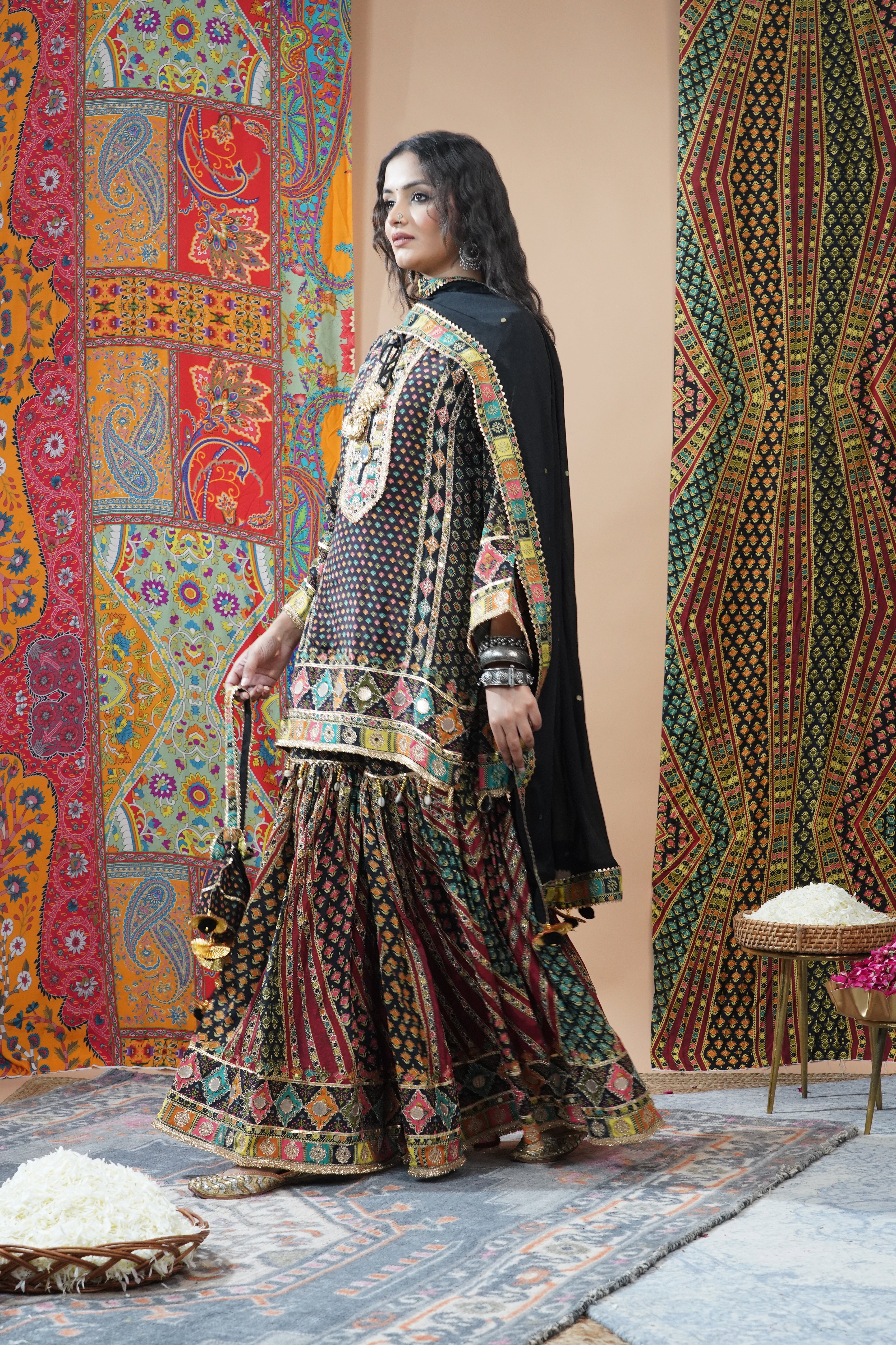 Festive Brown Ethnic Printed Crepe Silk Sharara Set