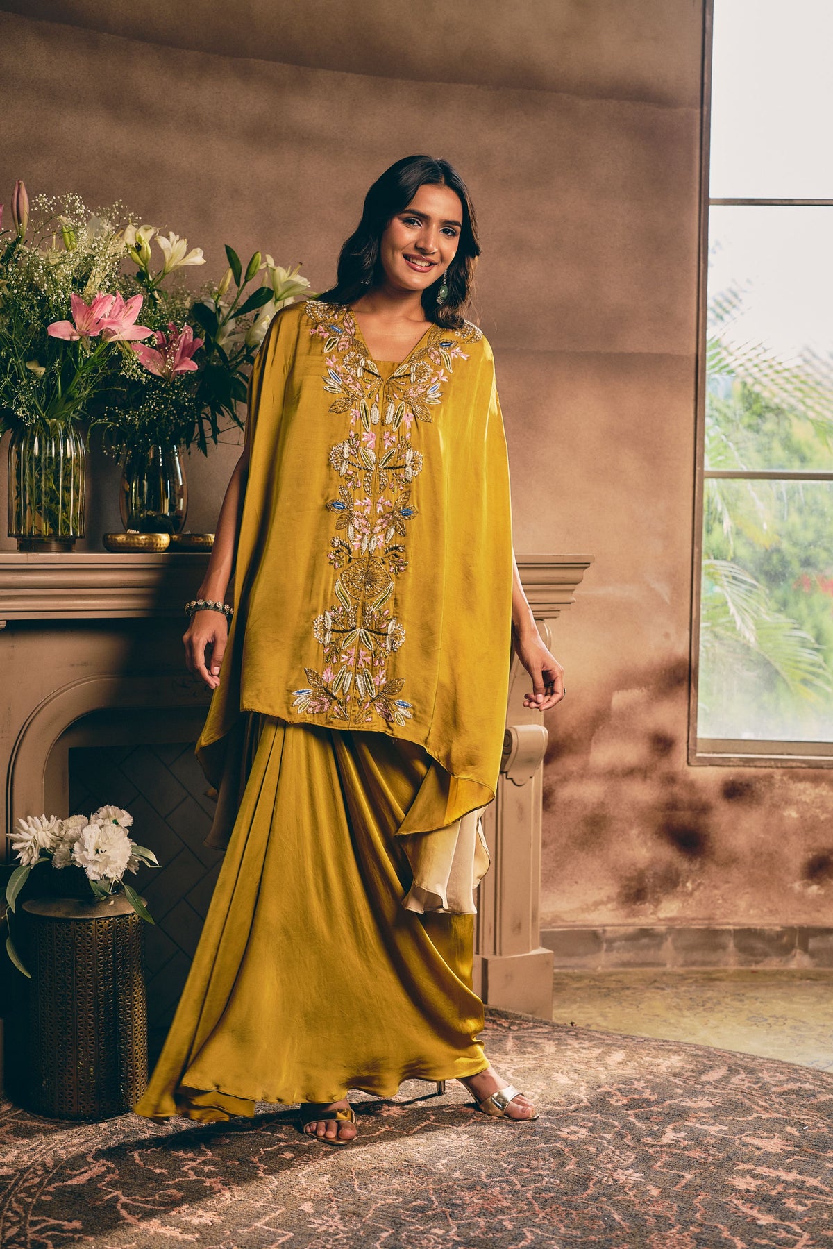 Mustard Ochre Embellished Satin Silk Skirt Set