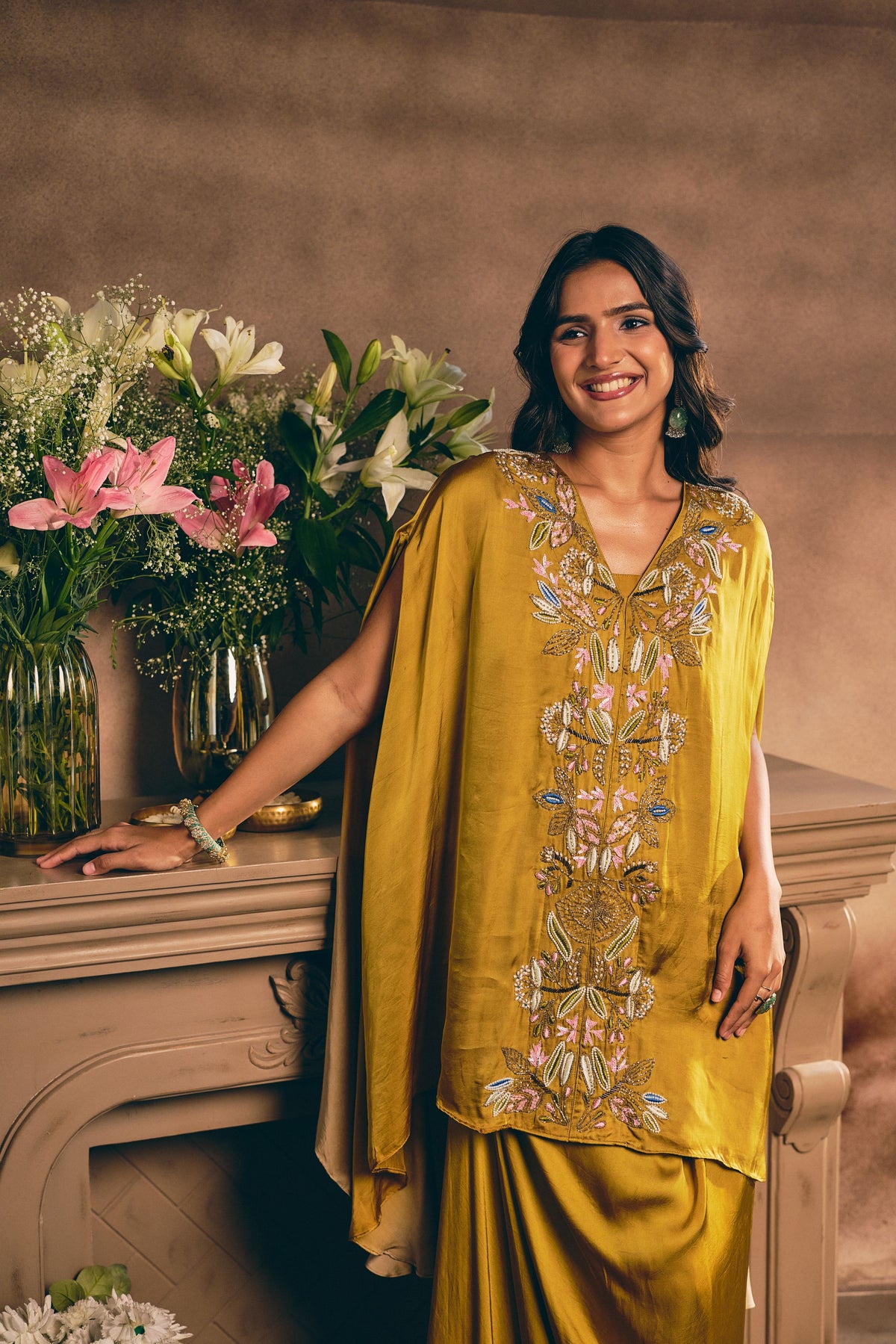 Mustard Ochre Embellished Satin Silk Skirt Set