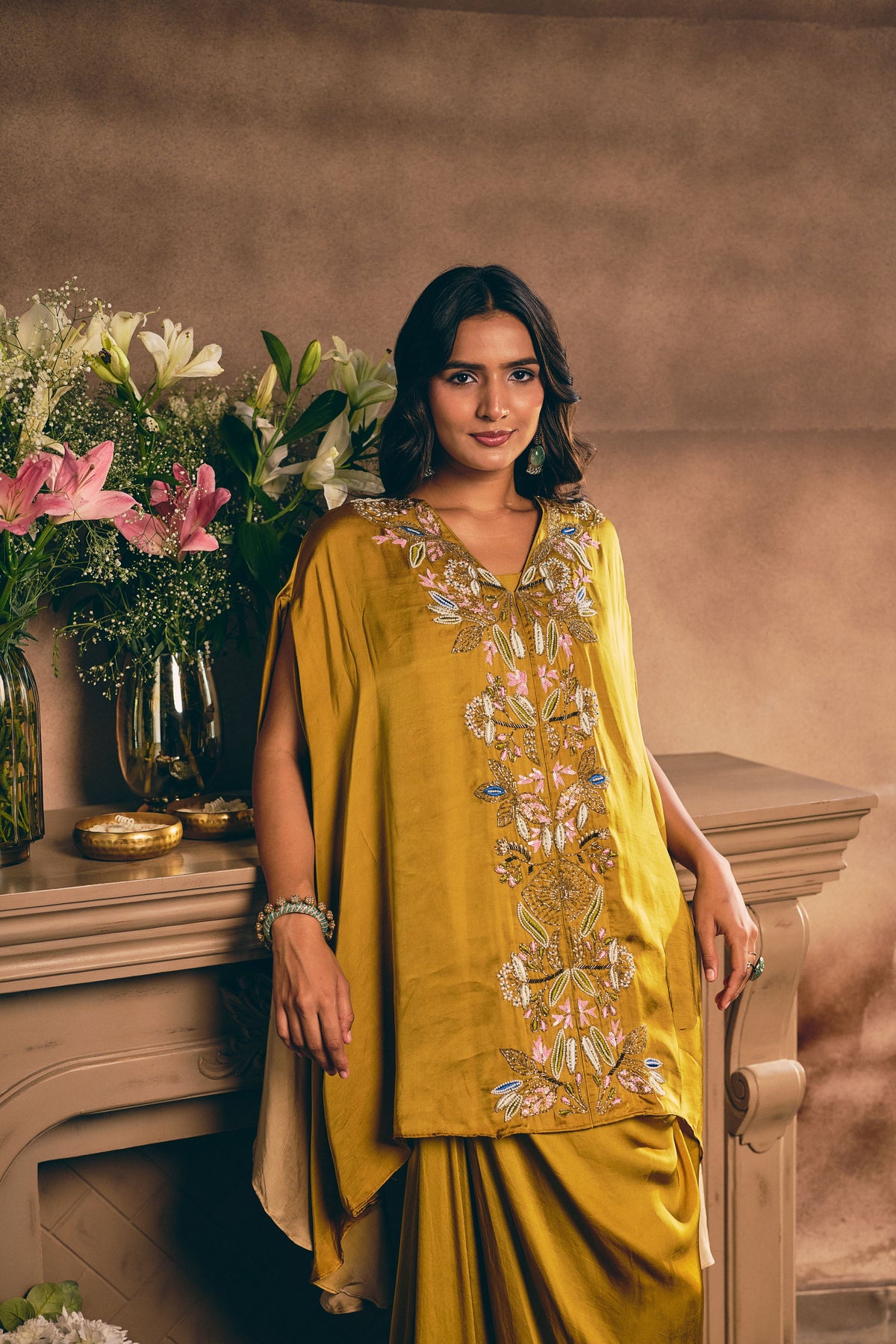 Mustard Ochre Embellished Satin Silk Skirt Set