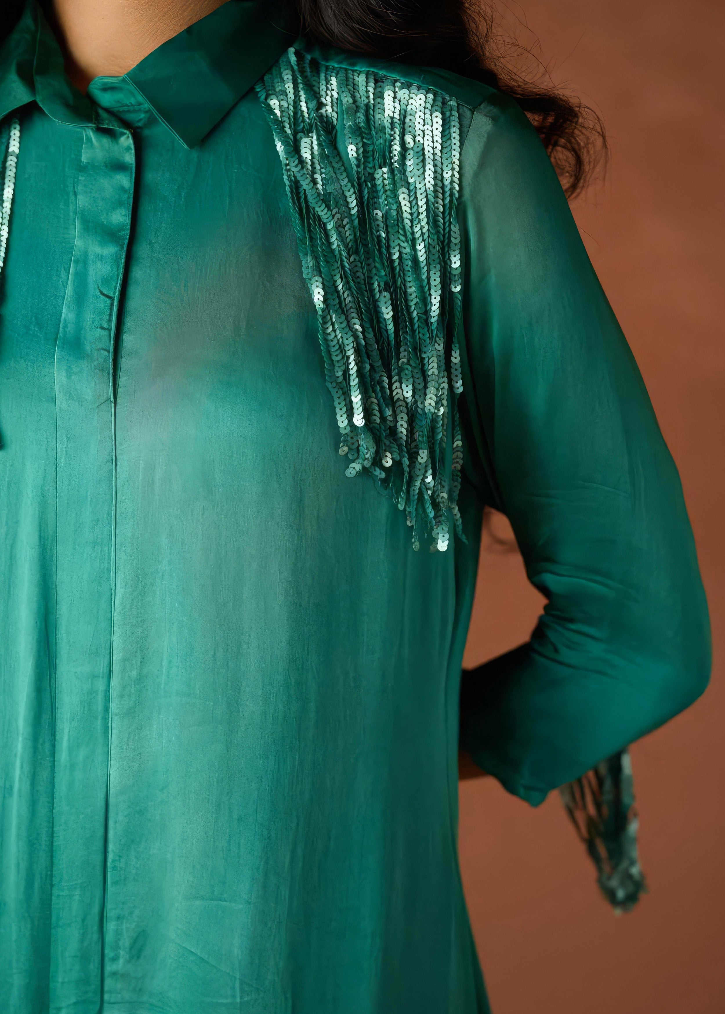 Ocean Teal Embellished Satin Silk Dress