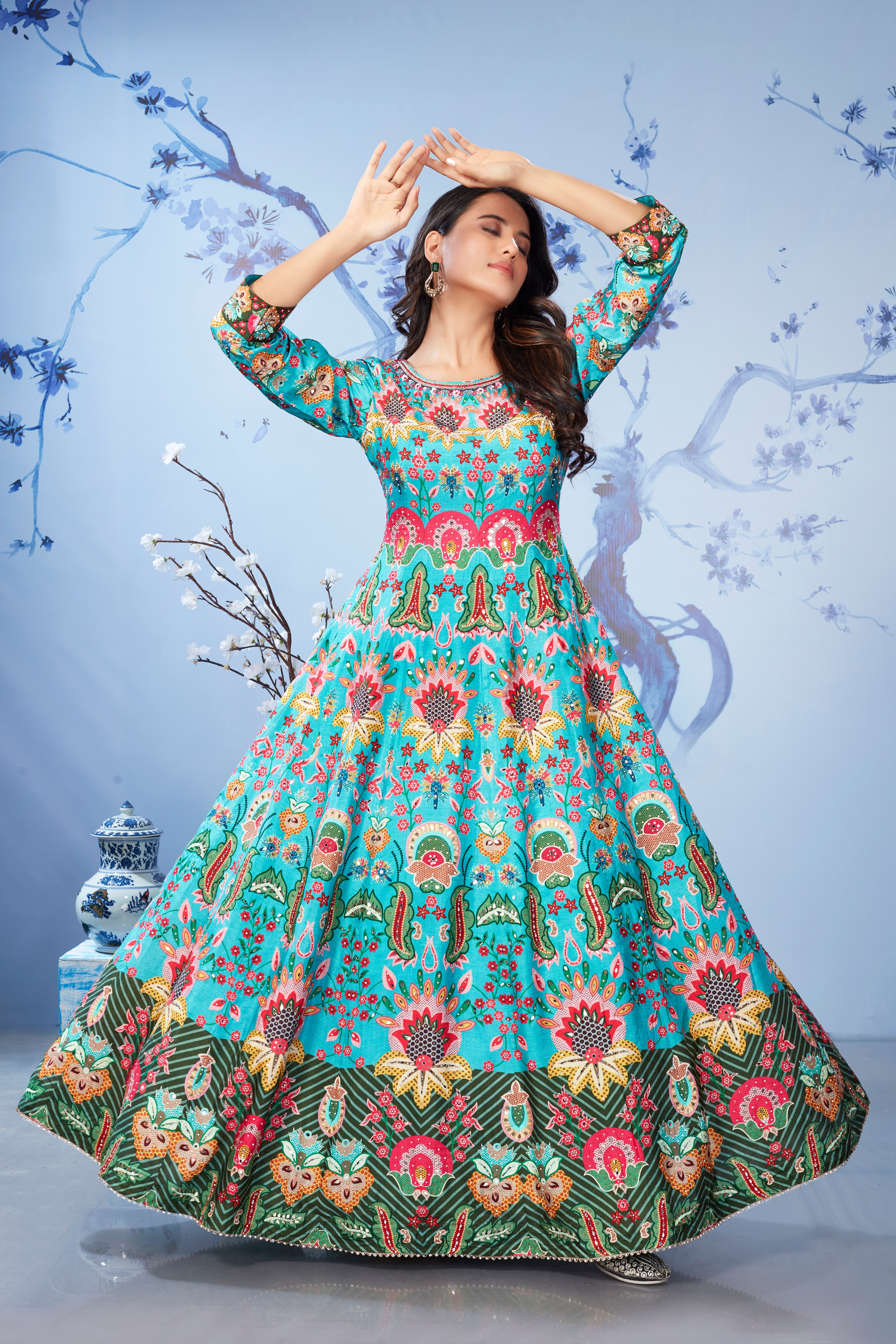 Blue Floral Printed Premium Silk Gown