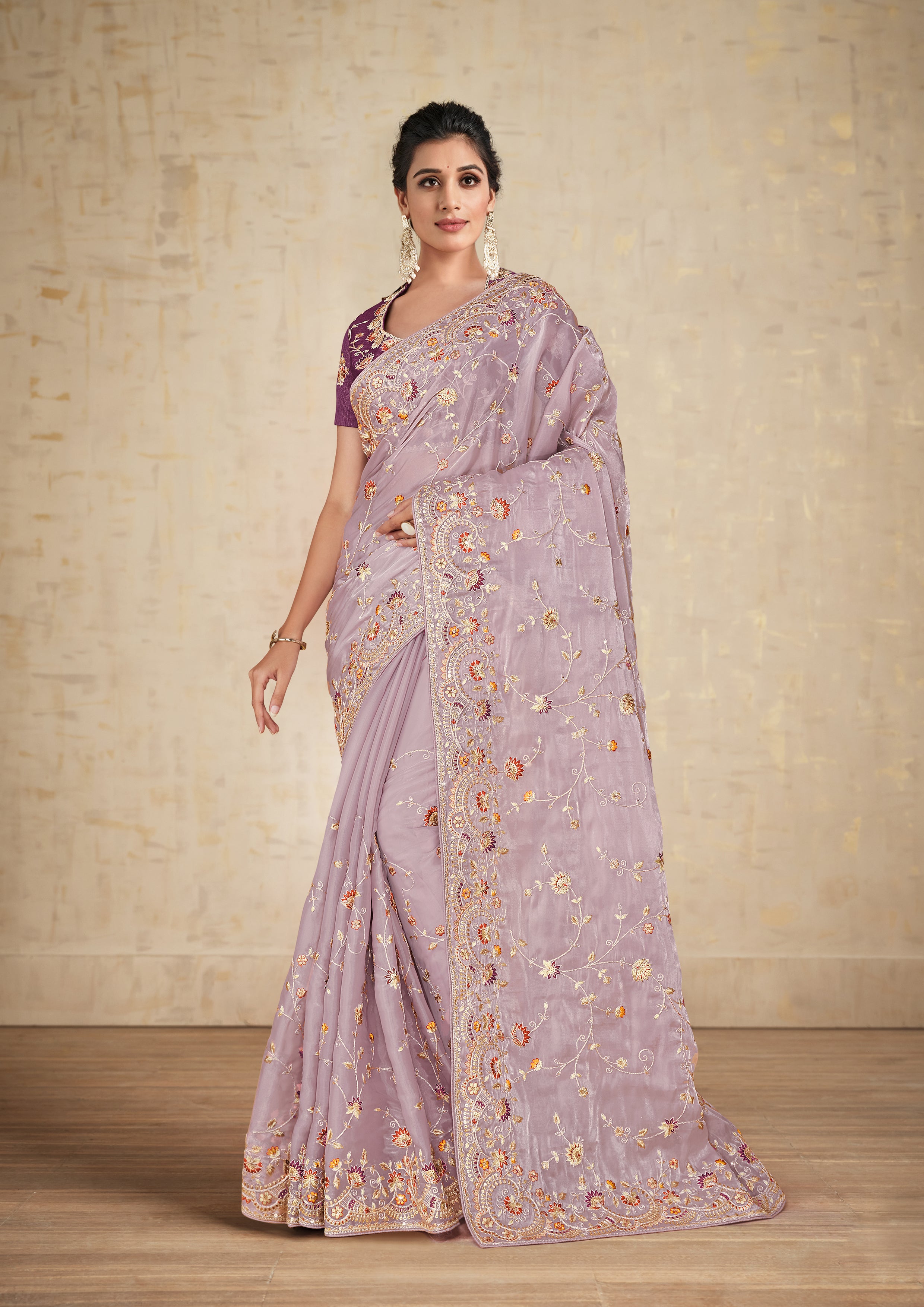 Mauve Embellished Satin Silk Saree