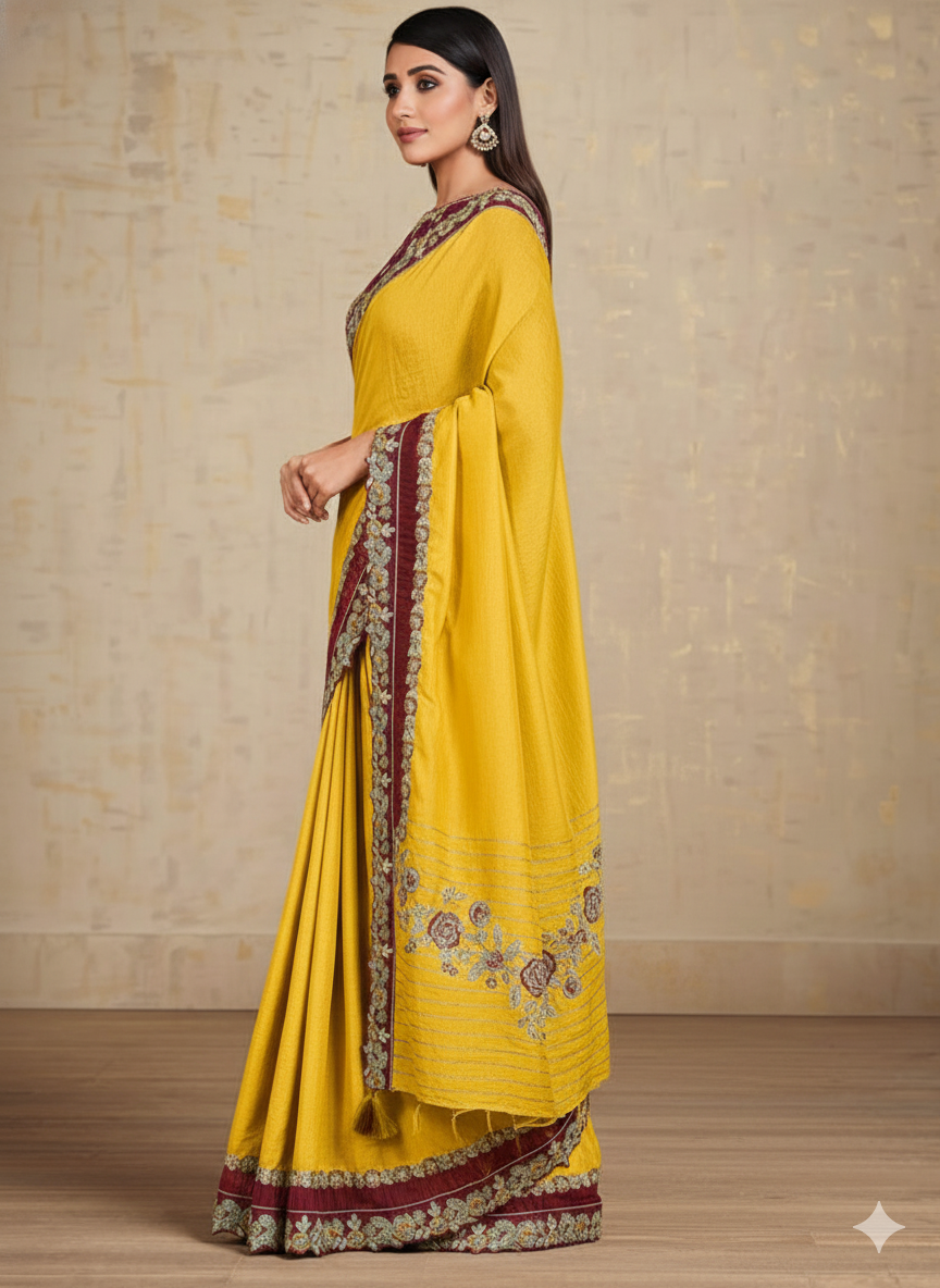 Mustard Yellow Embroidered Tussar Silk Saree