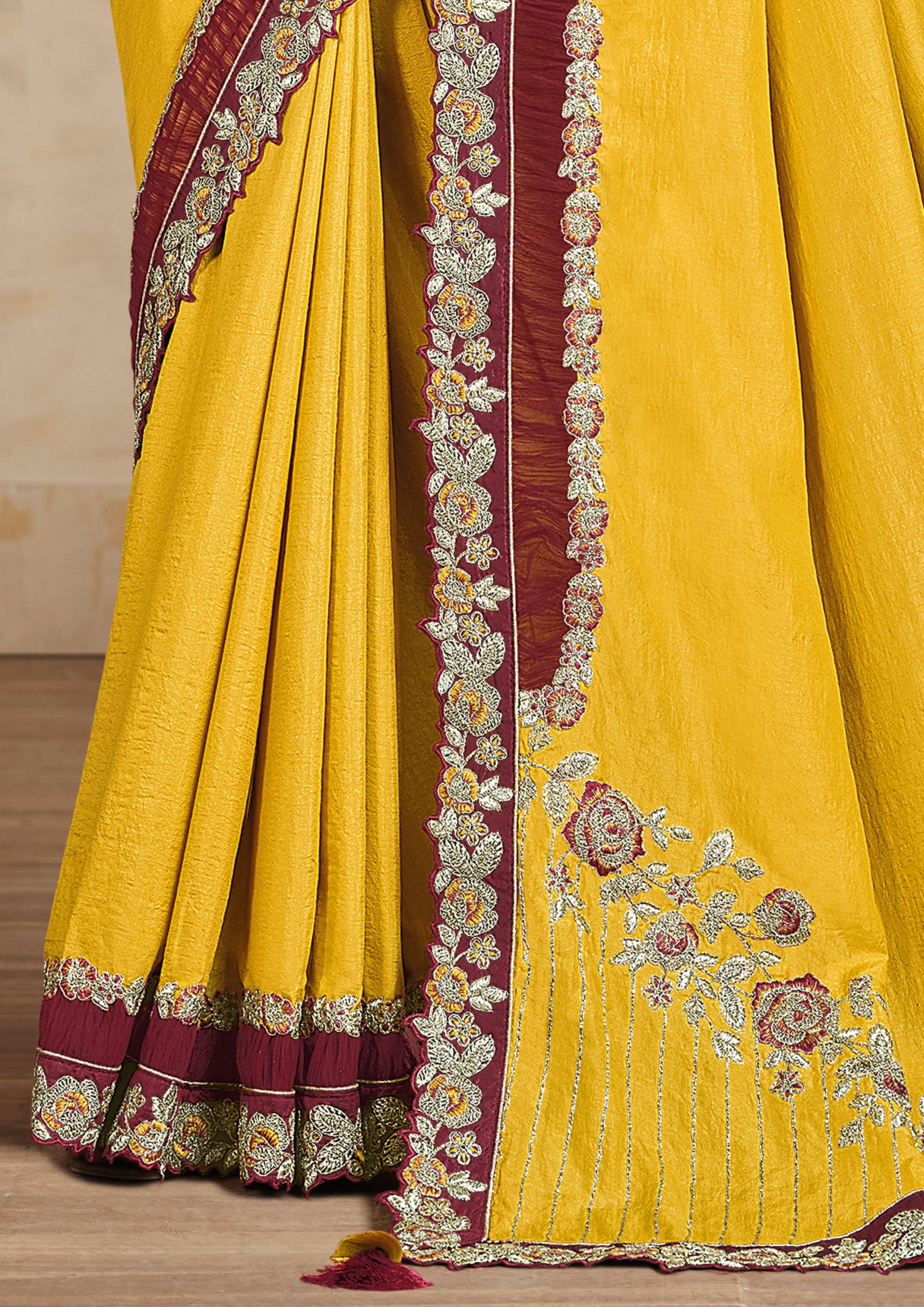 Mustard Yellow Embroidered Tussar Silk Saree