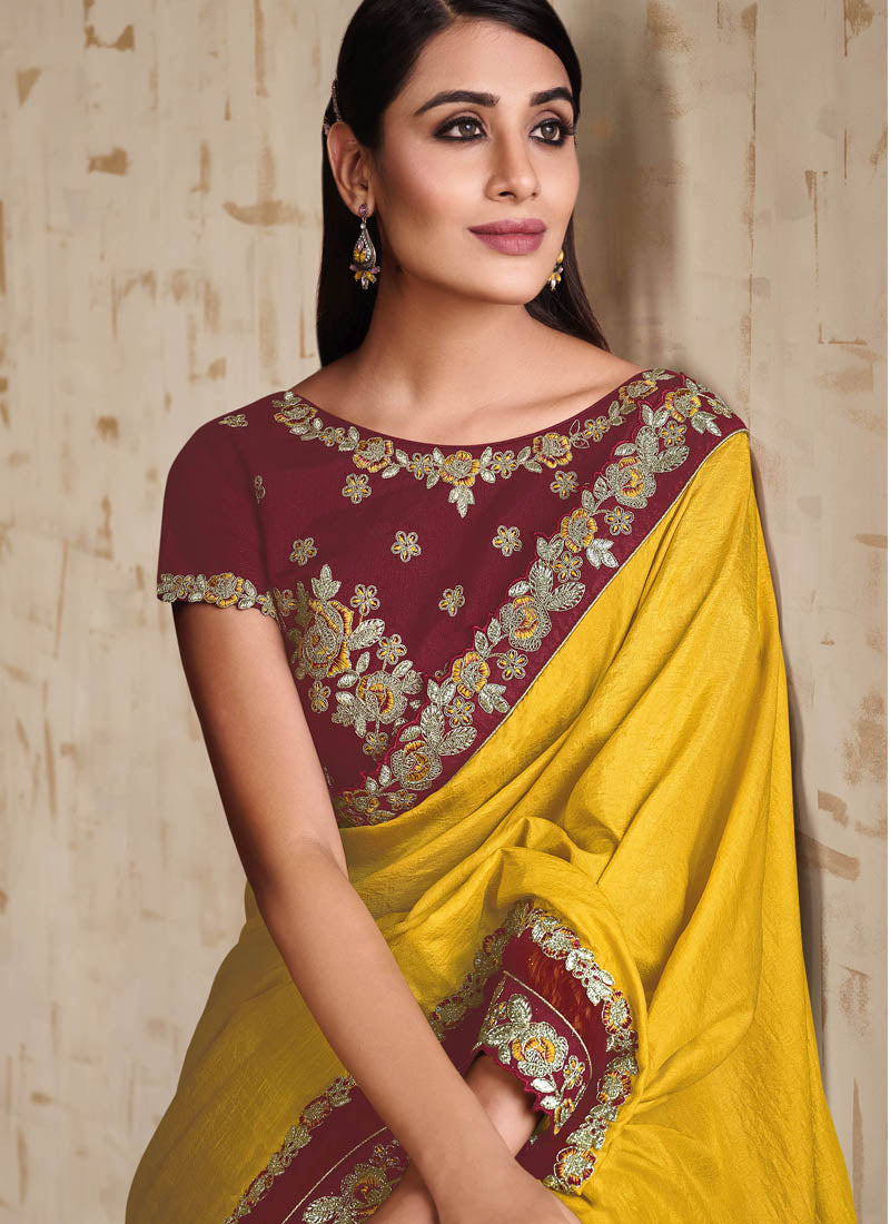 Mustard Yellow Embroidered Tussar Silk Saree