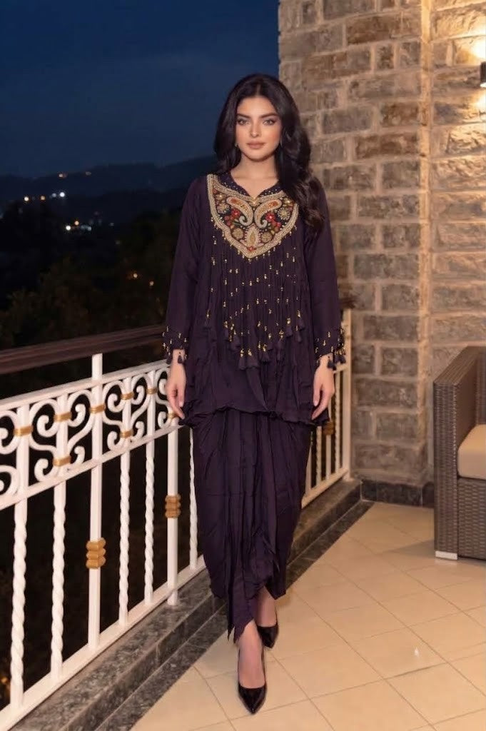 Royal Purple Embellished Chinon Silk Dhoti Set