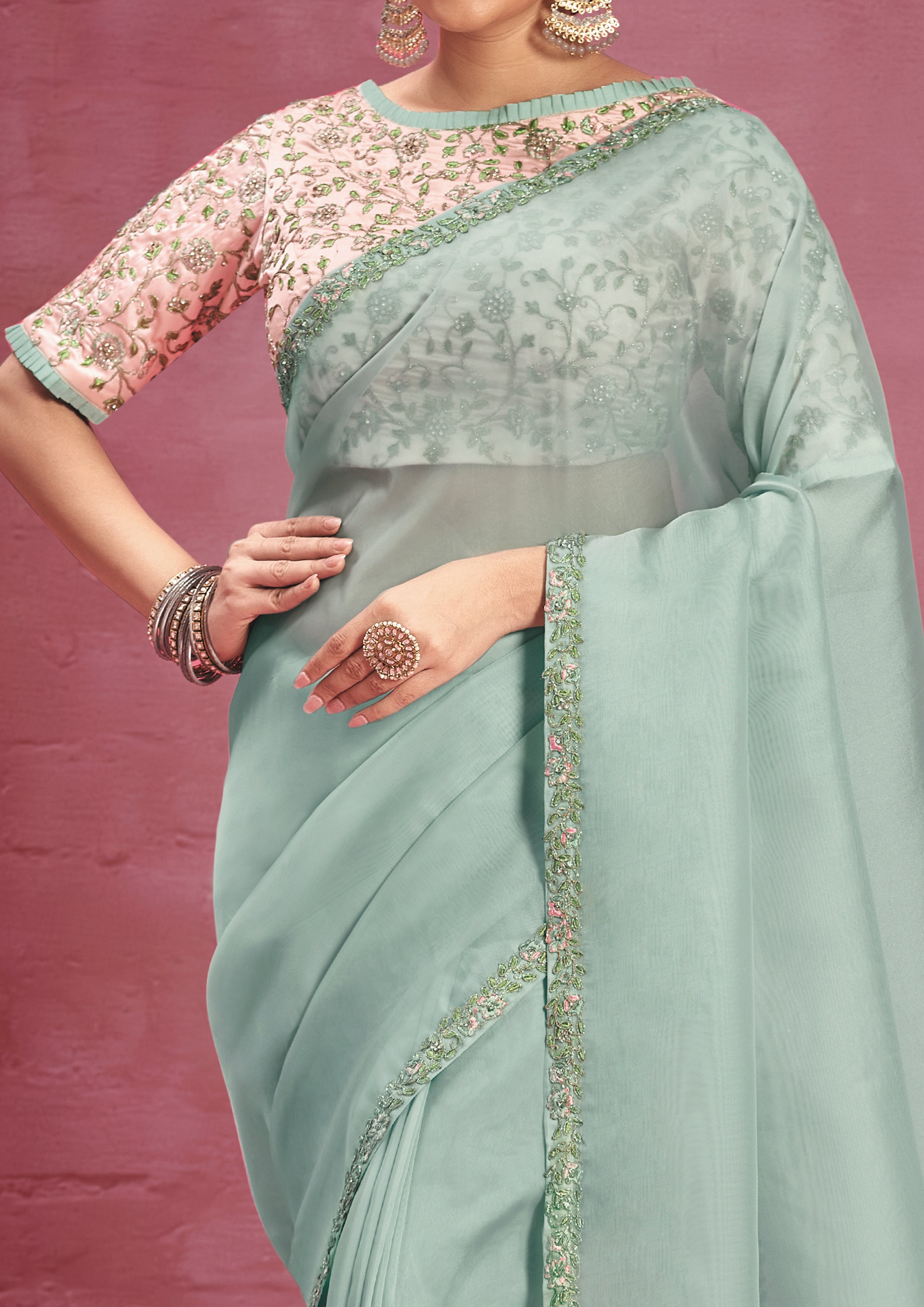 Mint Green Embellished Organza Silk Saree