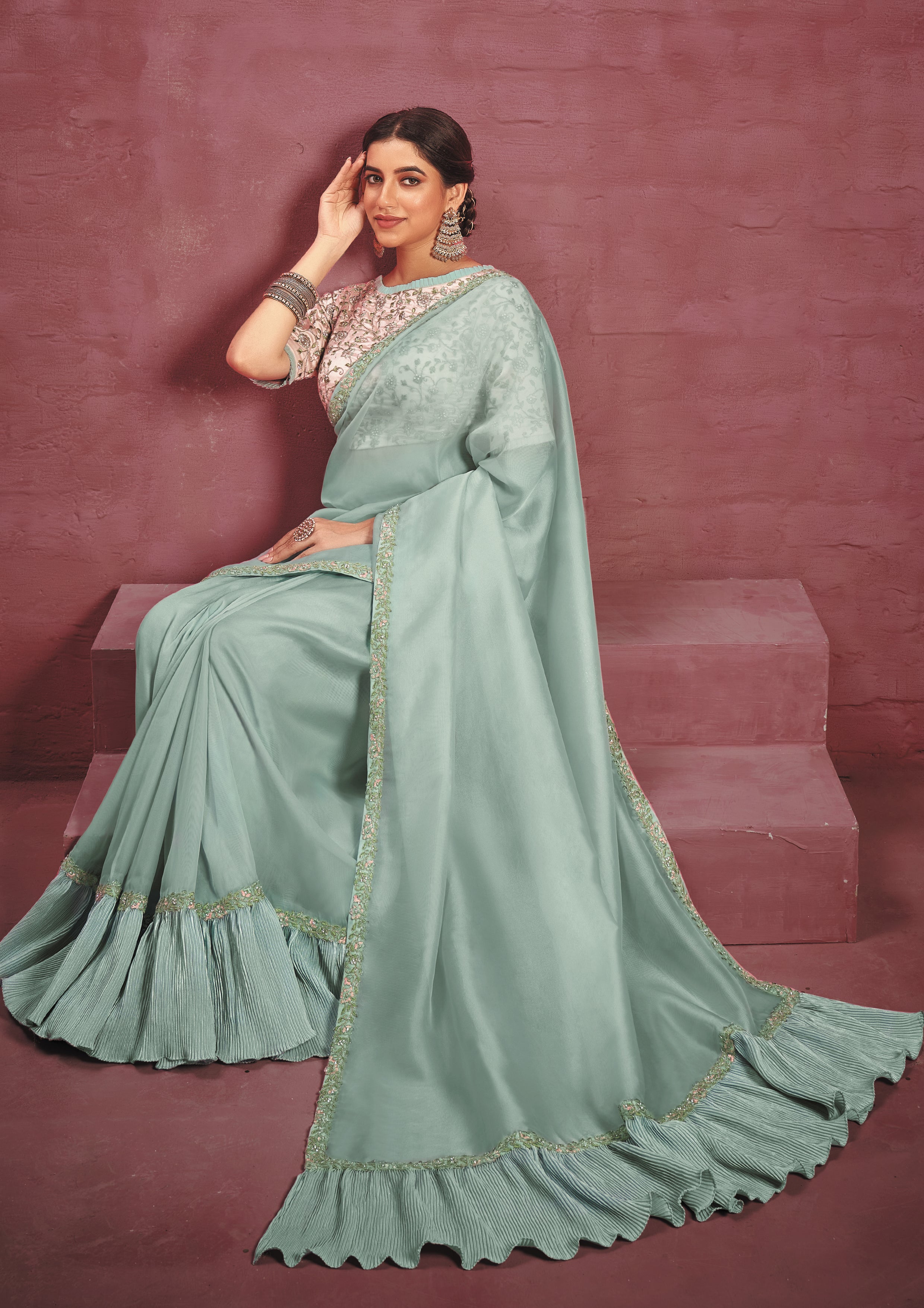 Mint Green Embellished Organza Silk Saree