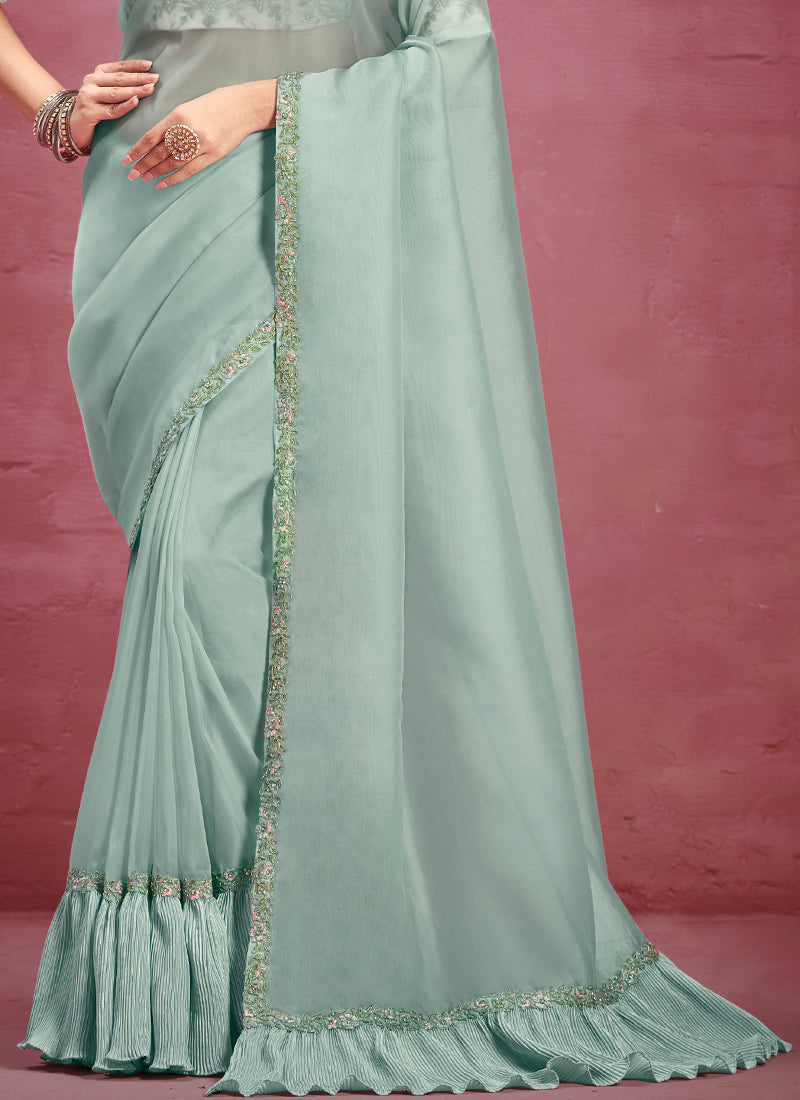 Mint Green Embellished Organza Silk Saree