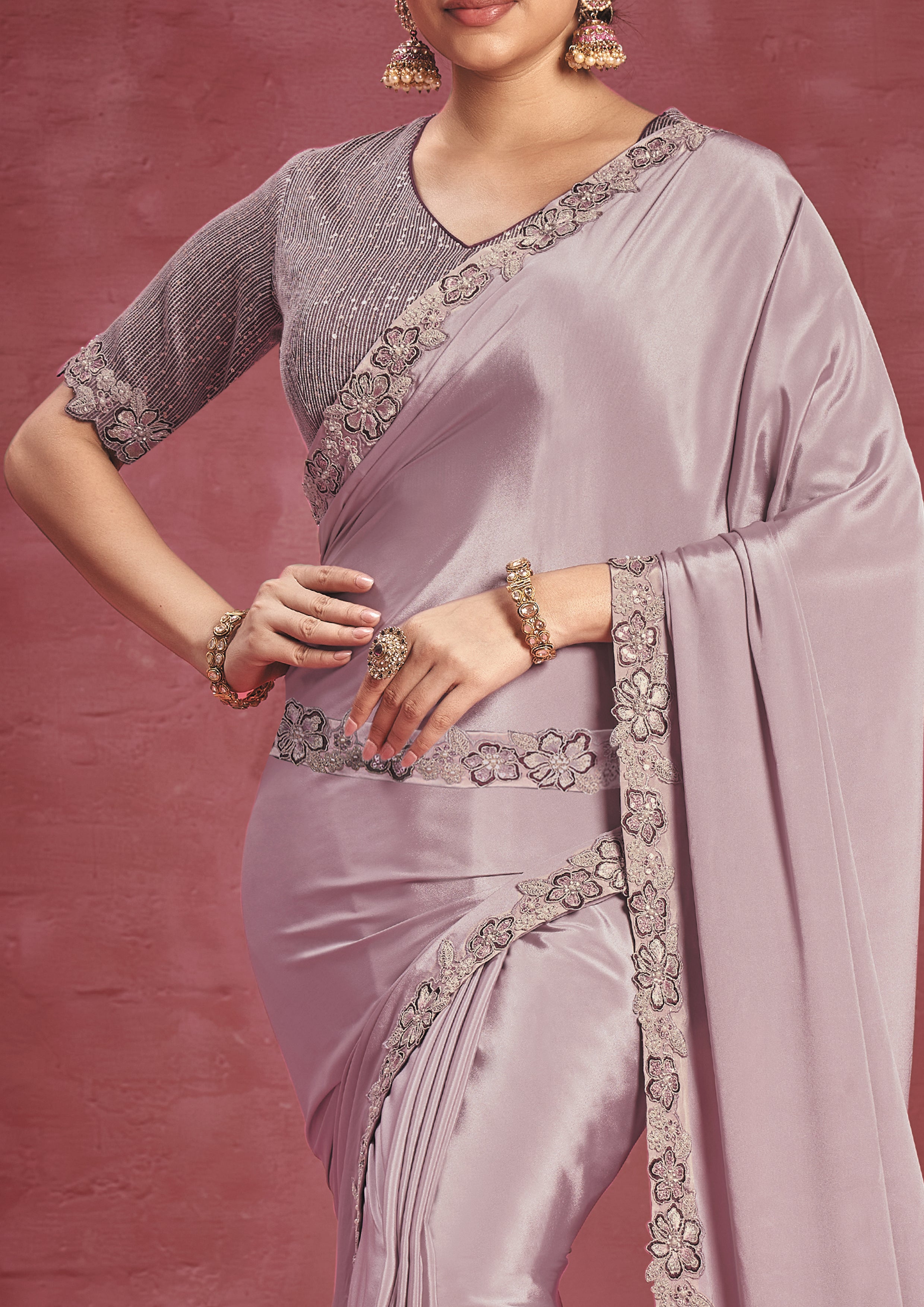 Lavender Purple Embellished Crepe Silk Saree
