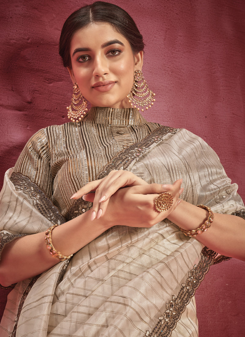 Beige Embellished Organza Silk Saree