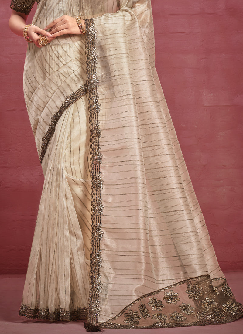 Beige Embellished Organza Silk Saree