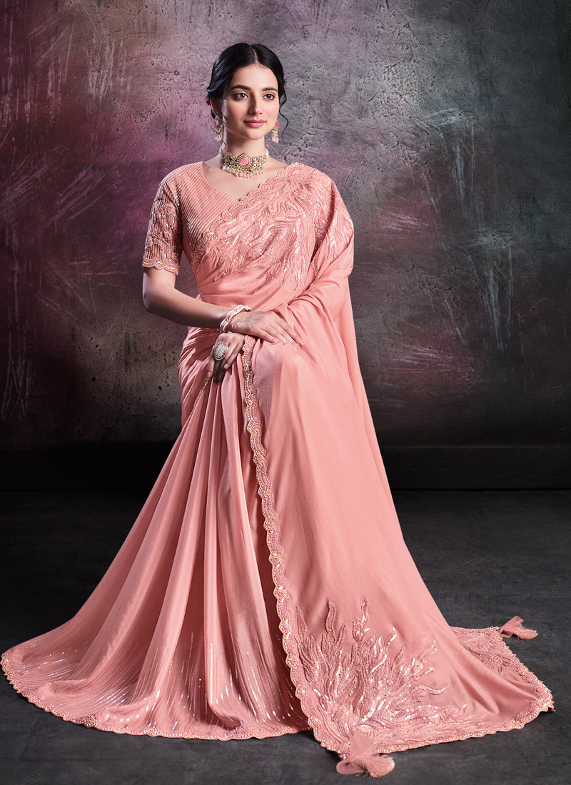 Peach Pink Embellished Shimmer Crepe Silk Saree