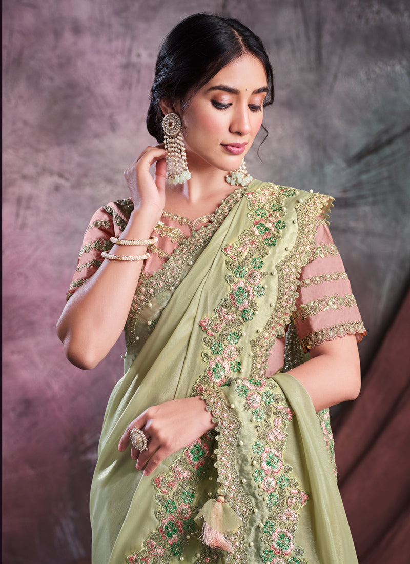 Sage Green Embroidered Shimmer Georgette Silk Saree