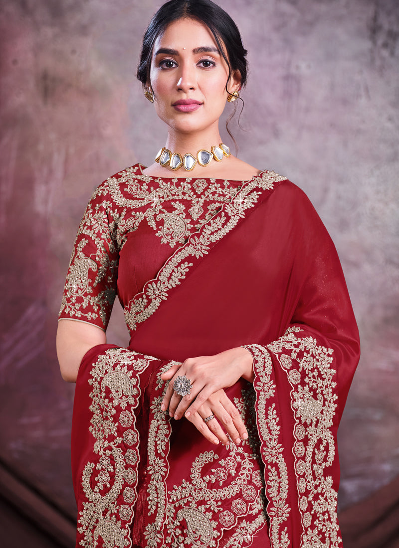 Deep Red Embroidered Satin Silk Saree