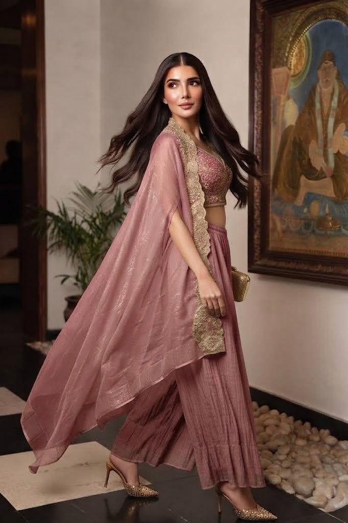 Rose Mist Embellished Shimmer Tissue Silk Cape Set