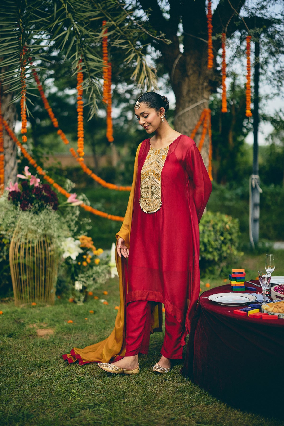 Deep Crimson Red Embellished Organza Silk Pant Set