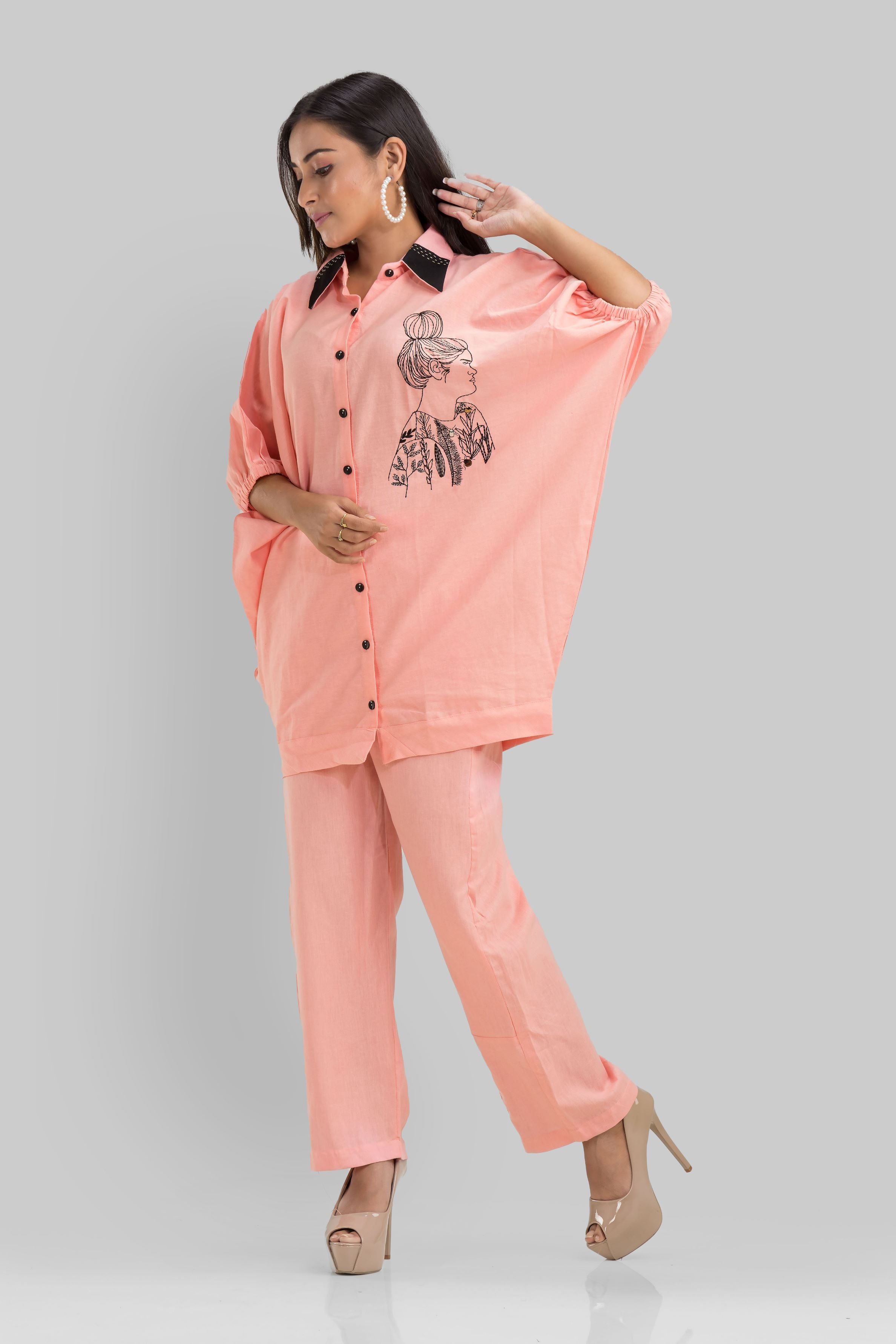 Peach Embroidered Cotton Linen Co-ord Set