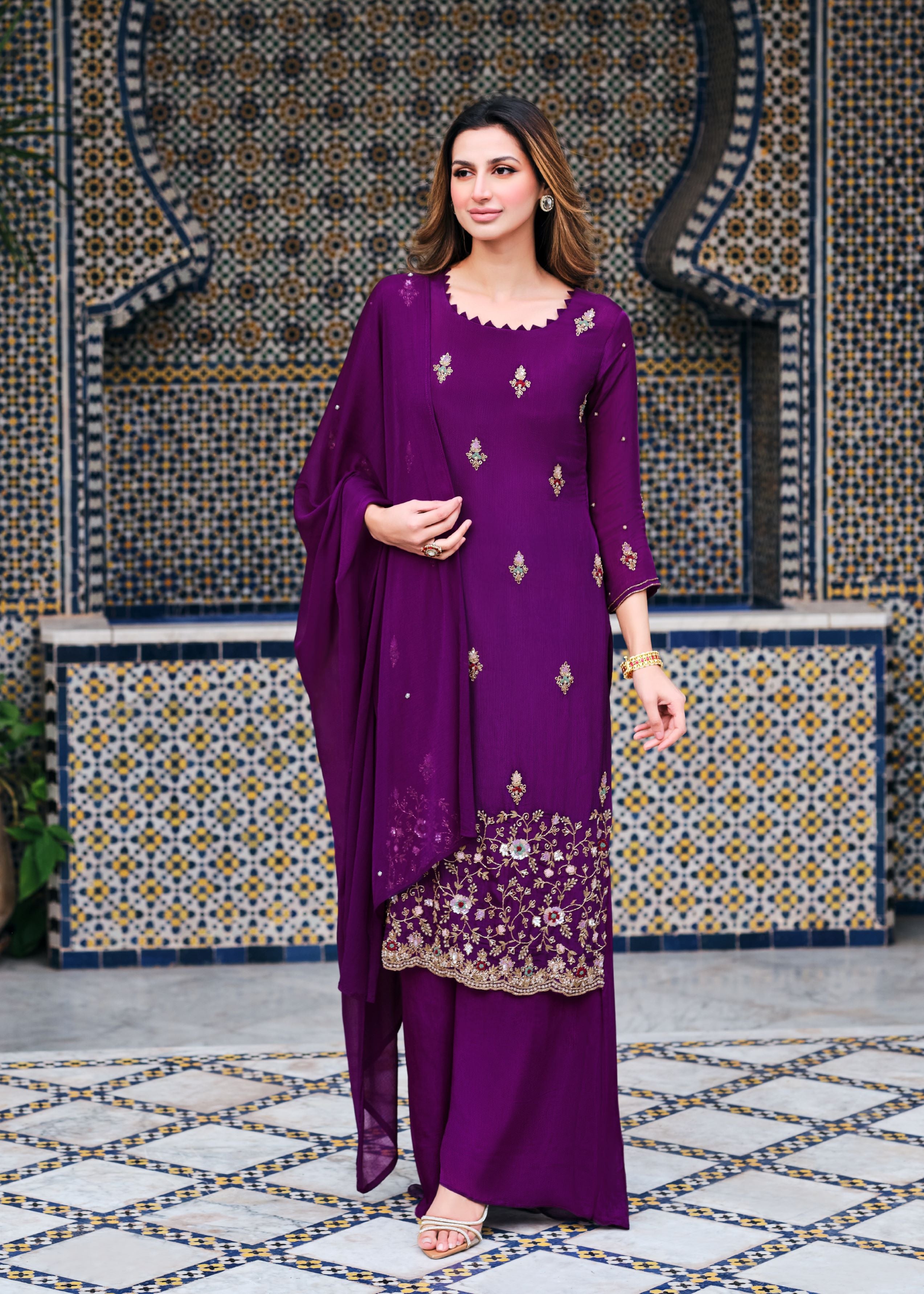 Purple Embellished Premium Chinon Silk Palazzo Set