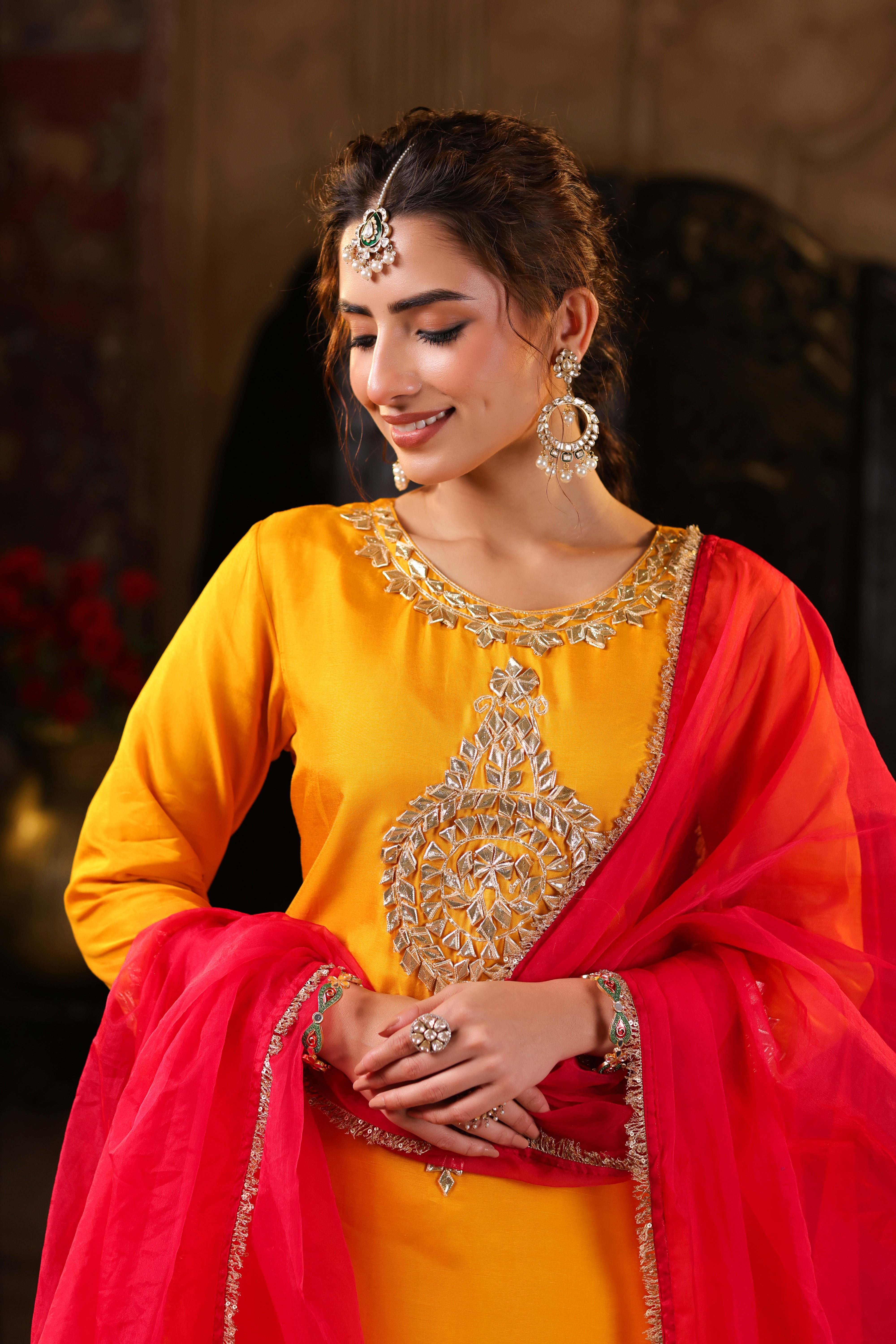 Festive Yellow Embellished Raw Silk Kurta Set