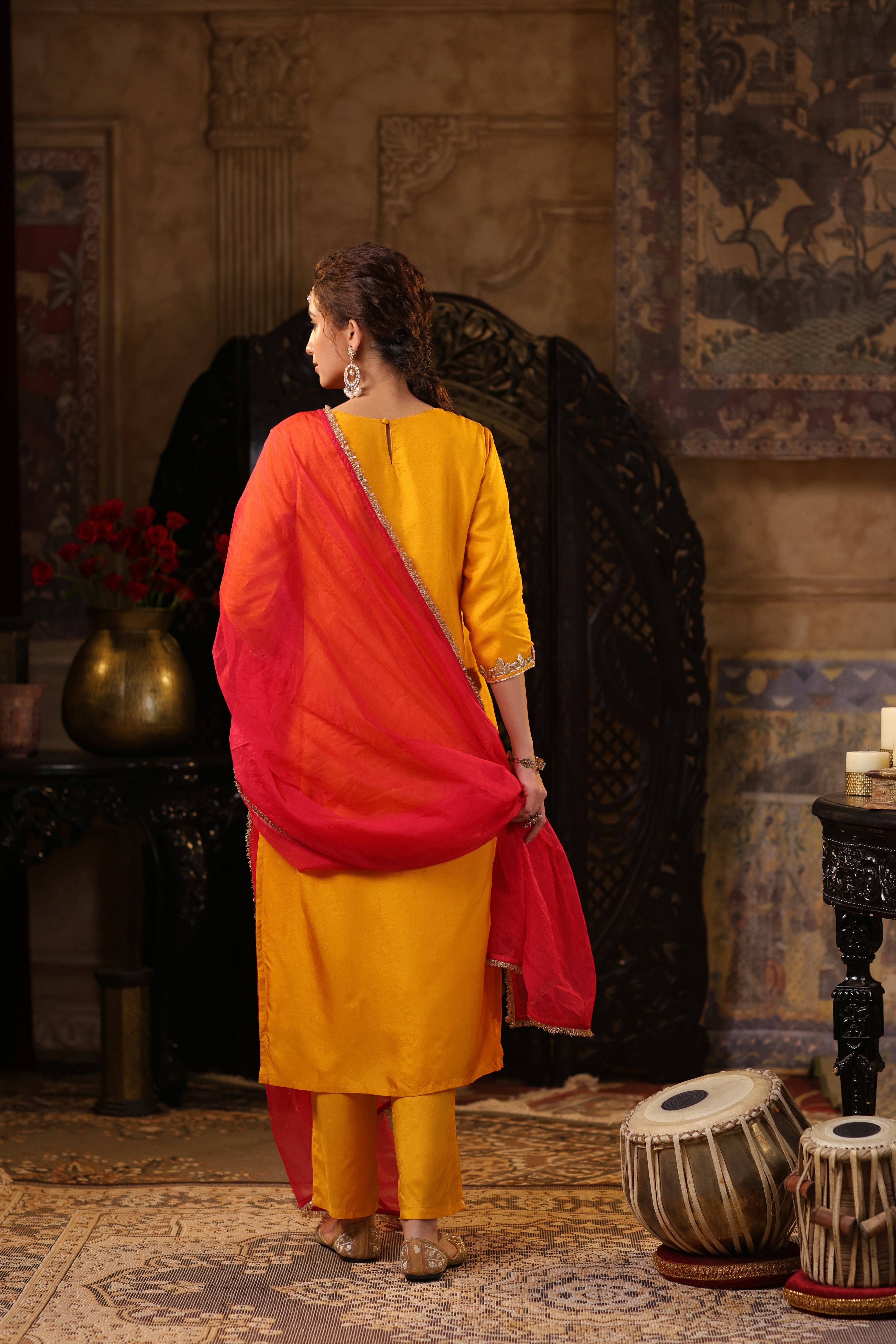 Festive Yellow Embellished Raw Silk Kurta Set