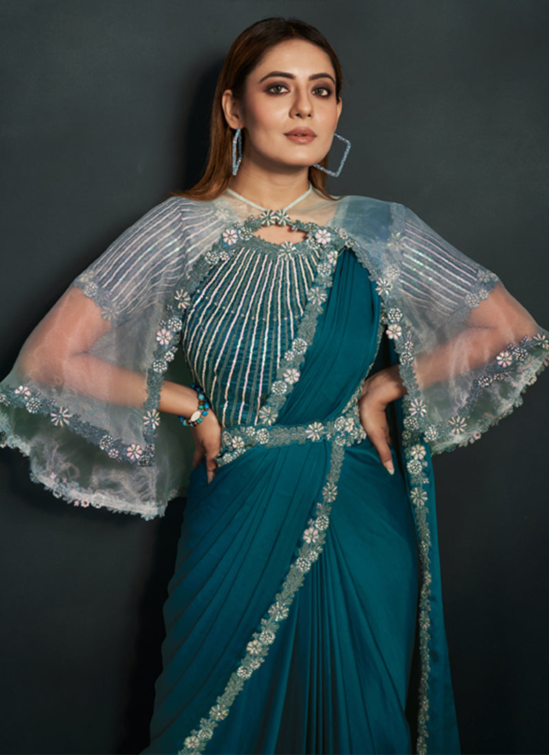 Teal Blue Embroidered Crepe Satin Silk Saree