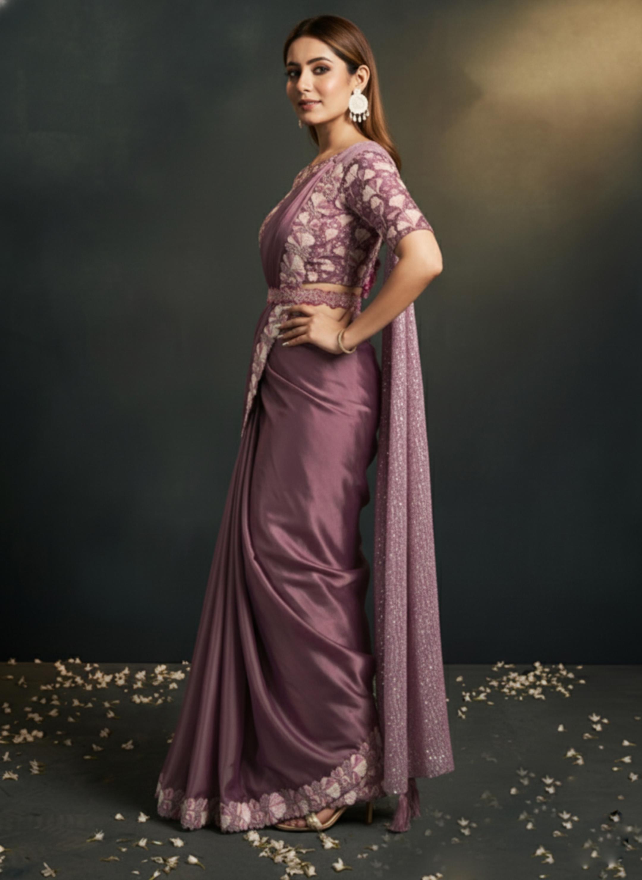 Dusty Pink Embellished Satin Silk Saree