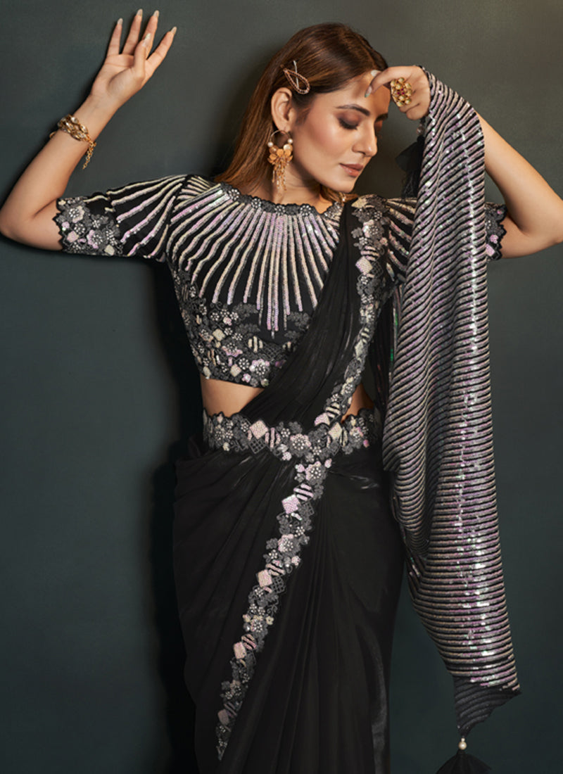 Shadow Black Embellished Crepe Satin Silk Saree