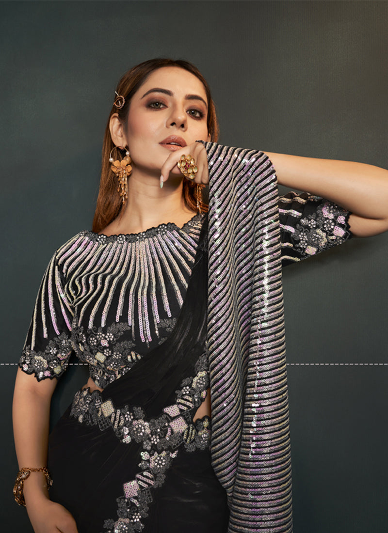 Shadow Black Embellished Crepe Satin Silk Saree