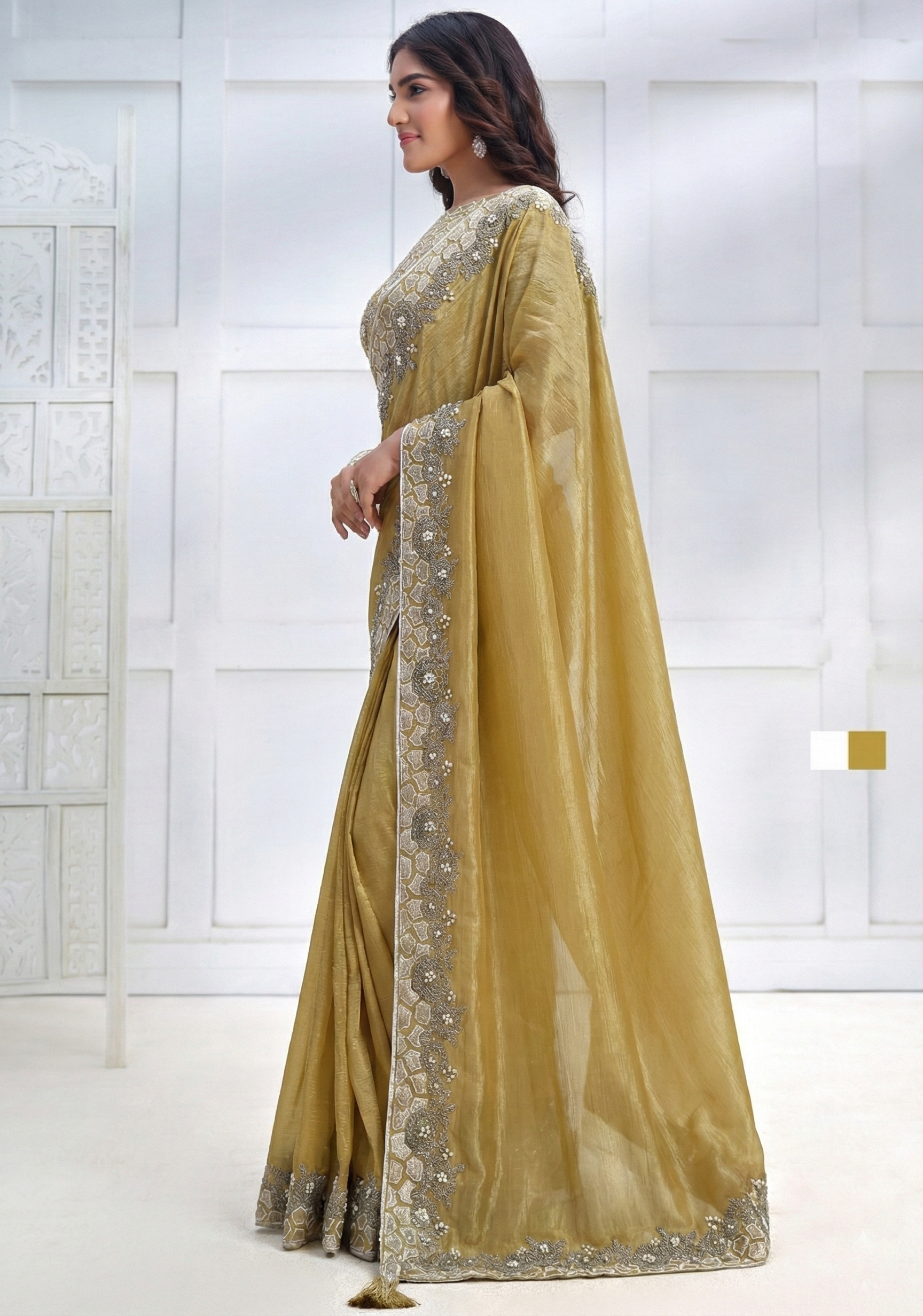 Mustard Gold Embroidered Tissue Silk Saree
