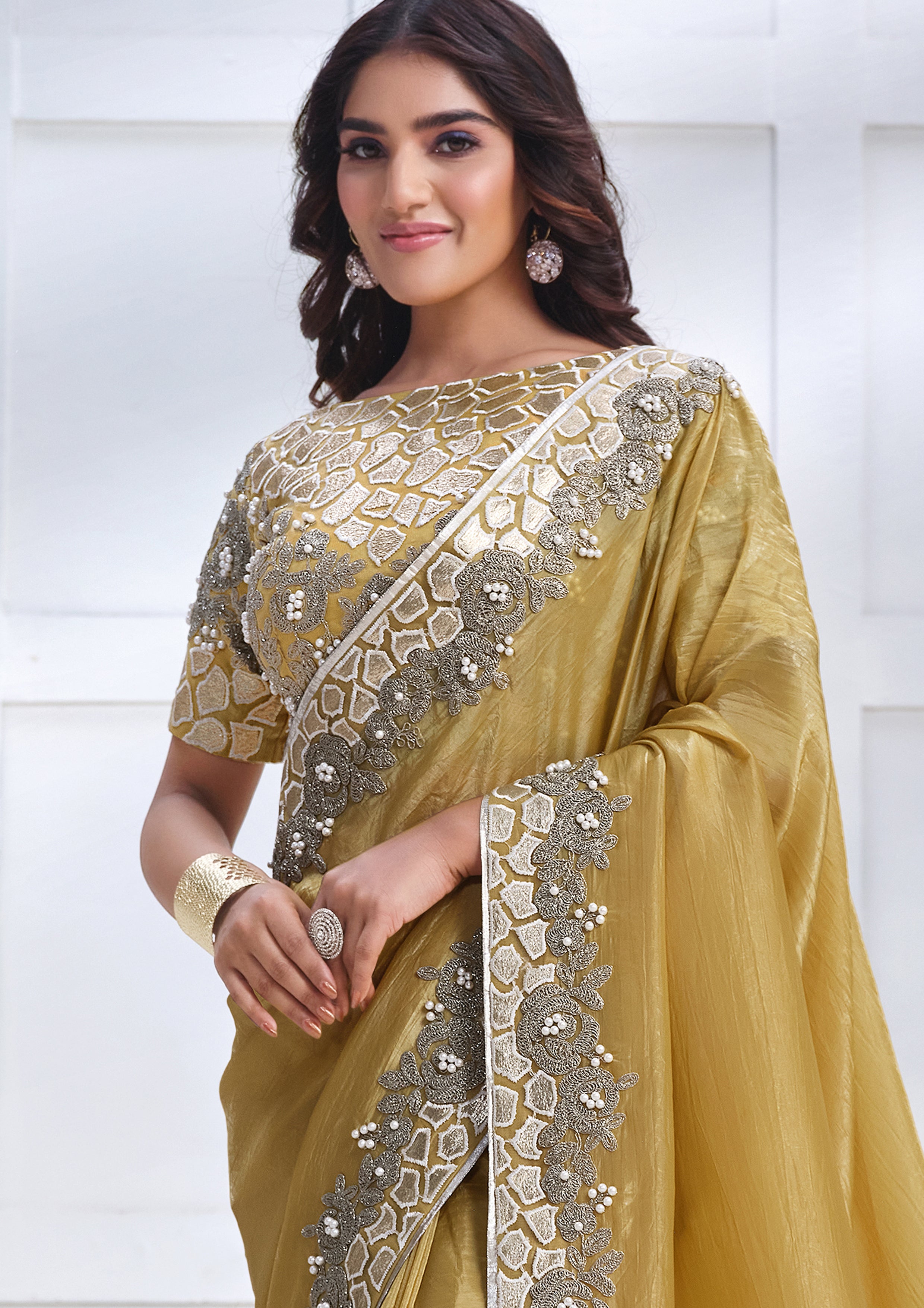 Mustard Gold Embroidered Tissue Silk Saree