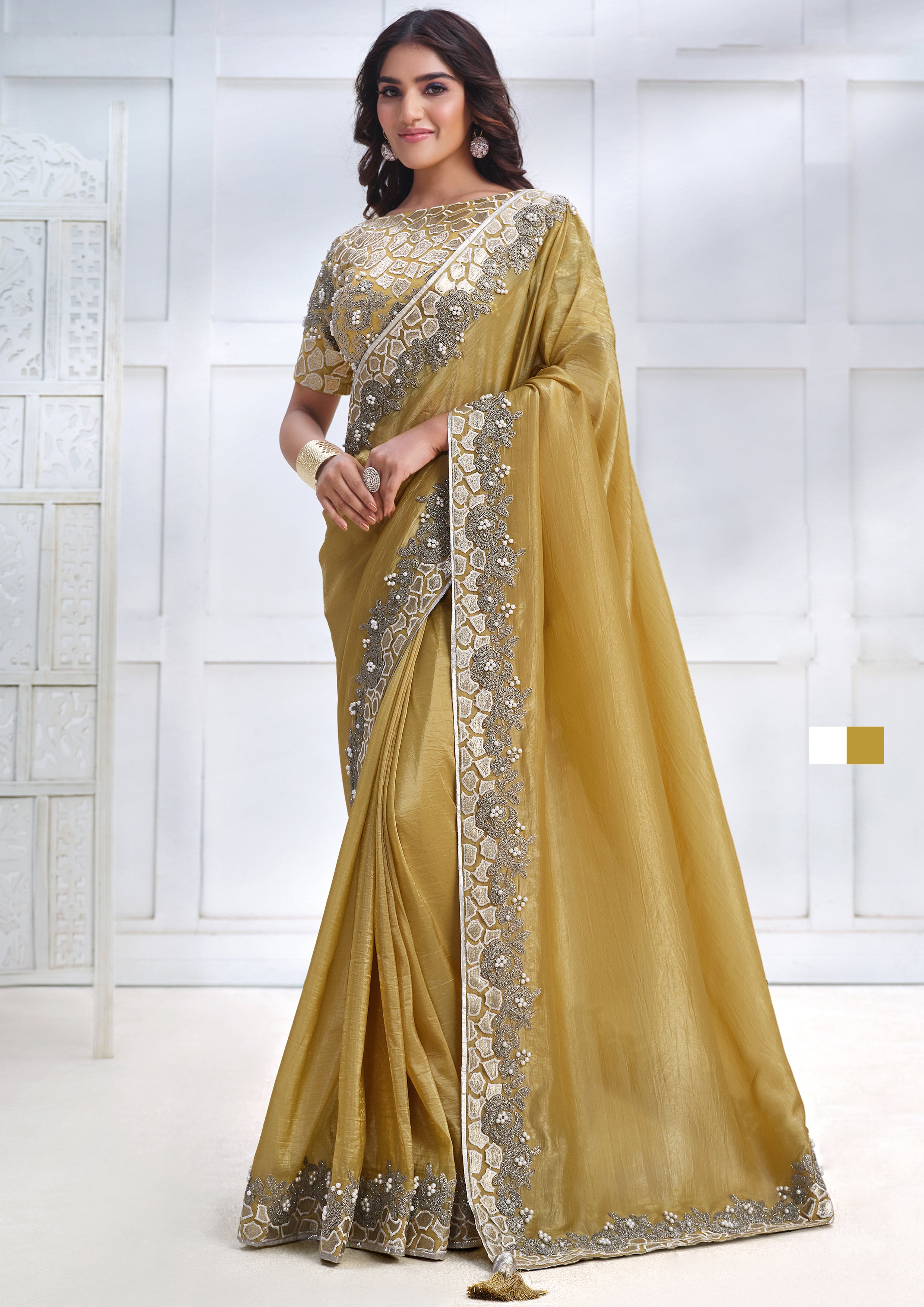 Mustard Gold Embroidered Tissue Silk Saree