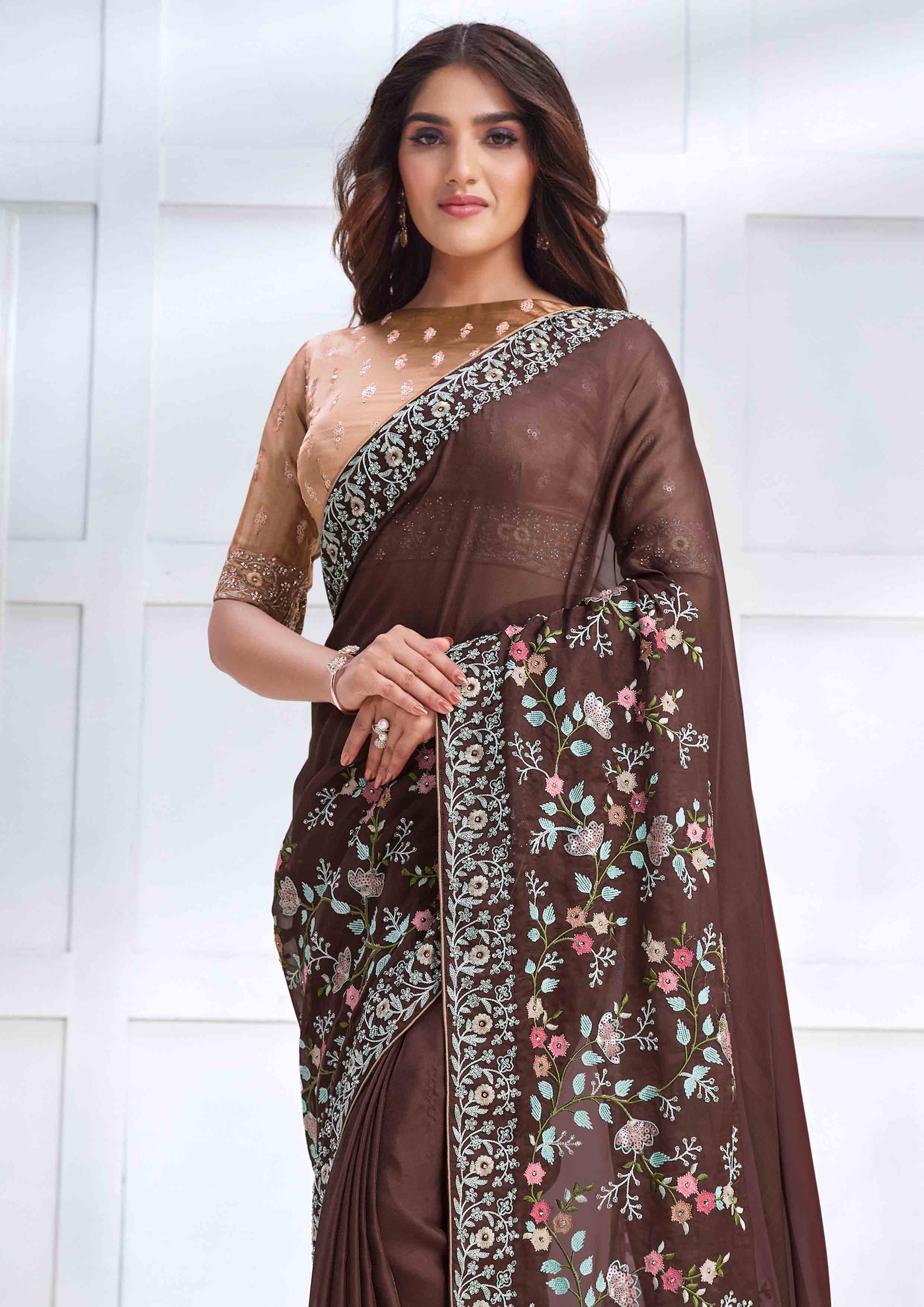 Espresso Brown Embellished Georgette Silk Saree