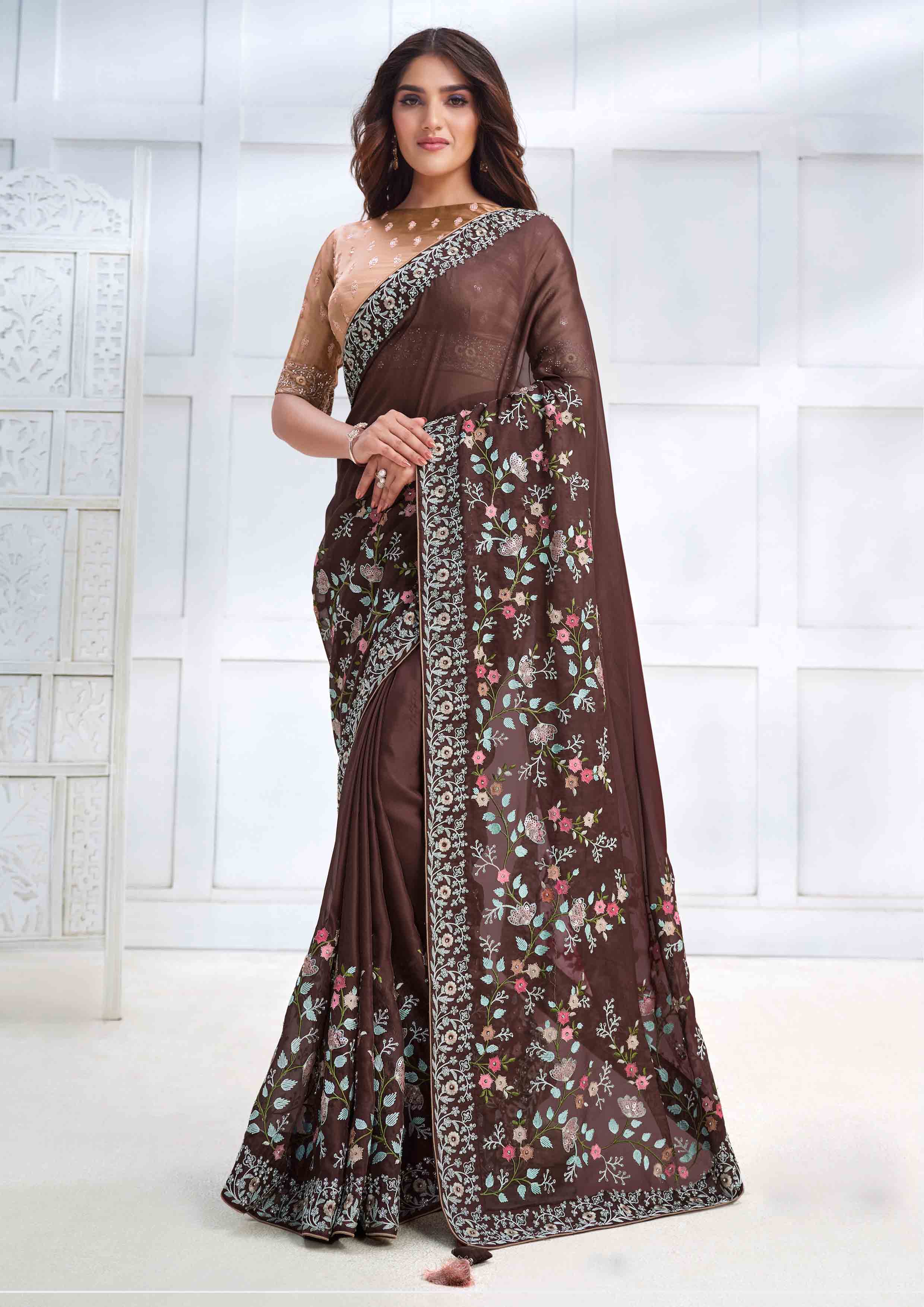 Espresso Brown Embellished Georgette Silk Saree