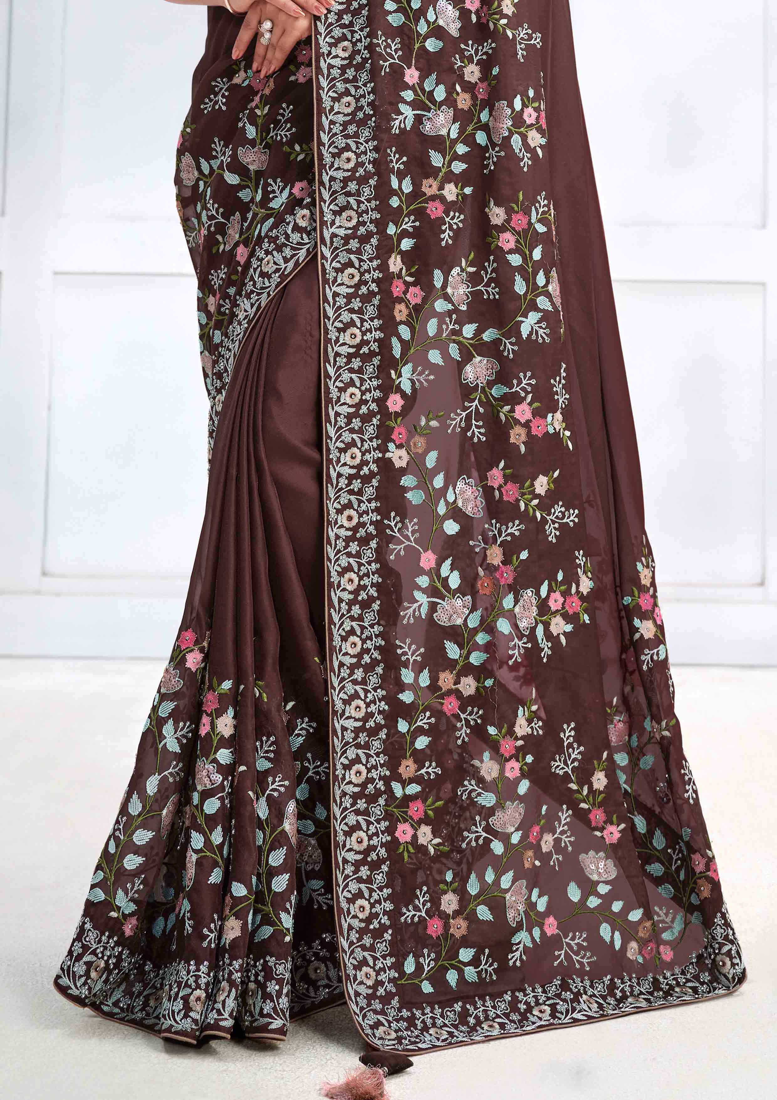 Espresso Brown Embellished Georgette Silk Saree