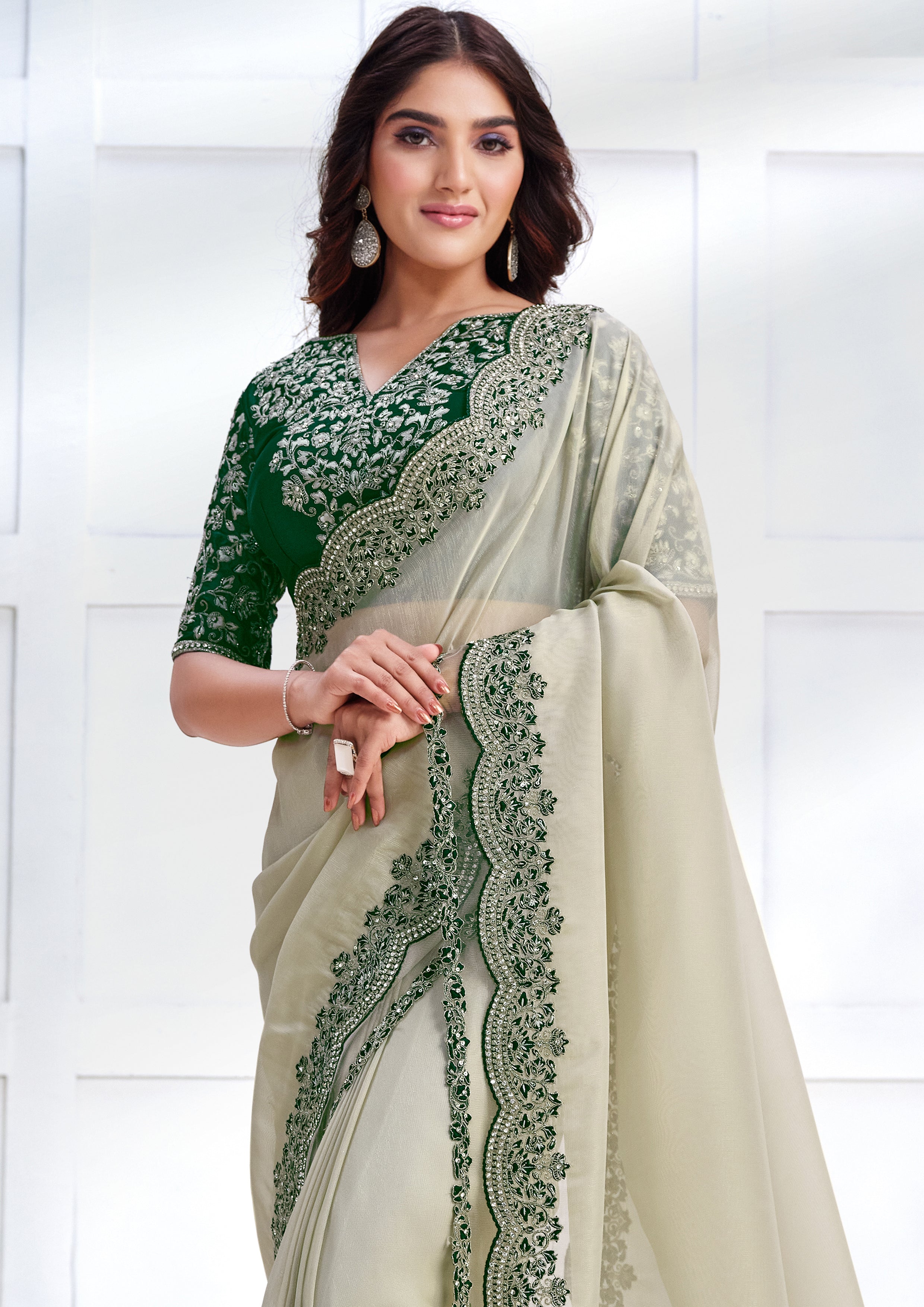 Pale Jade Embellished Net Organza Silk Saree