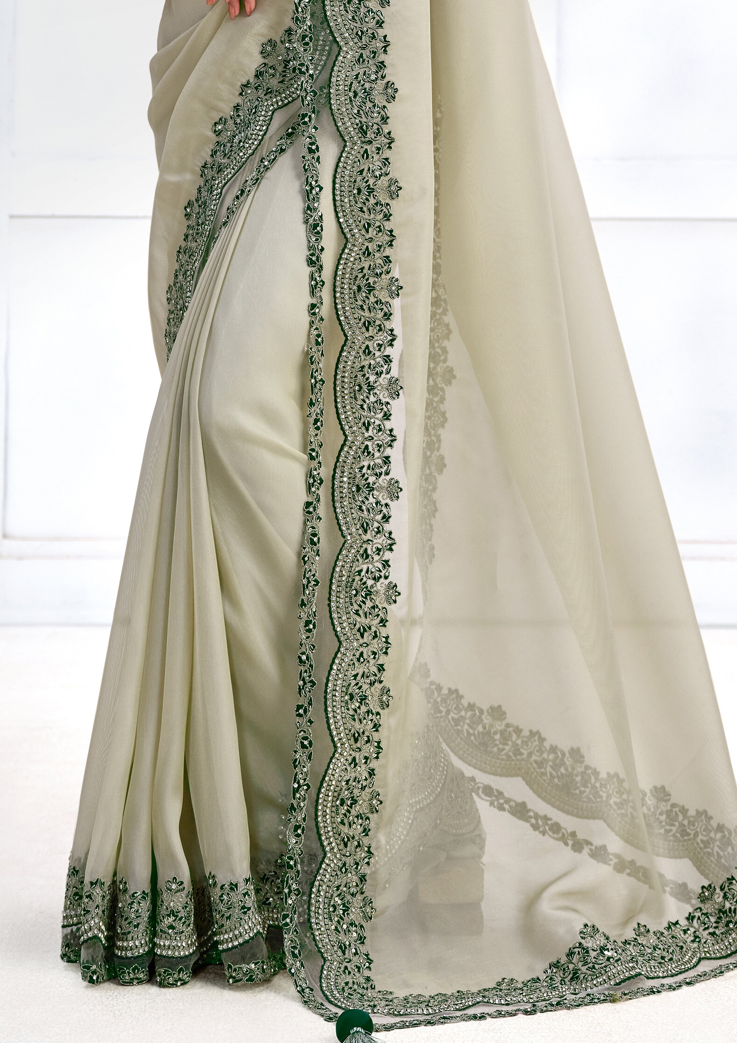 Pale Jade Embellished Net Organza Silk Saree