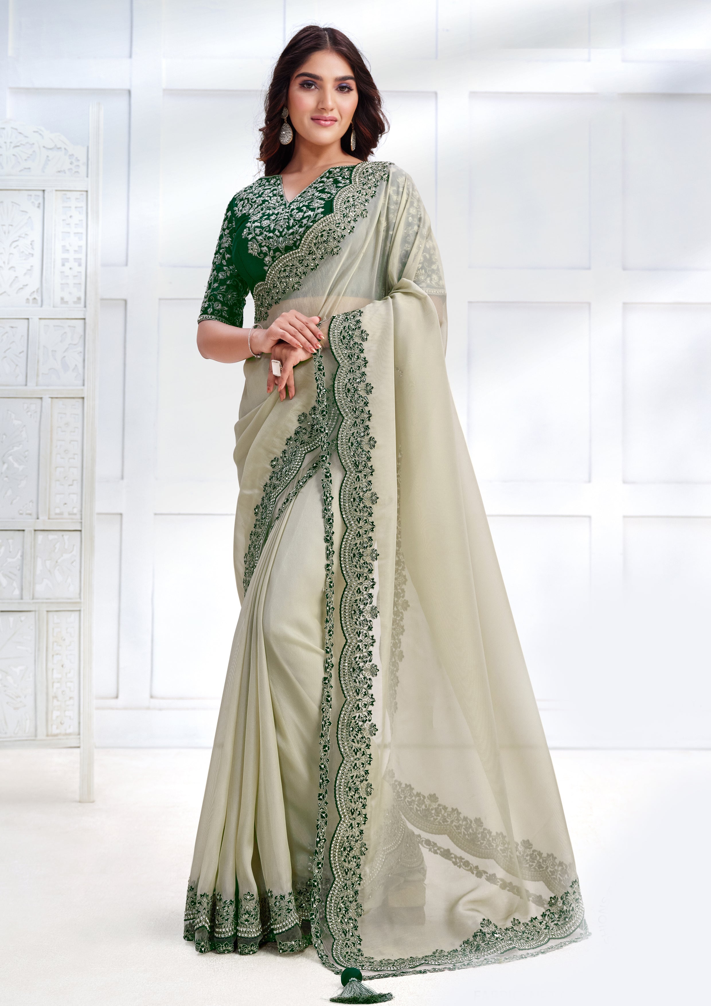 Pale Jade Embellished Net Organza Silk Saree
