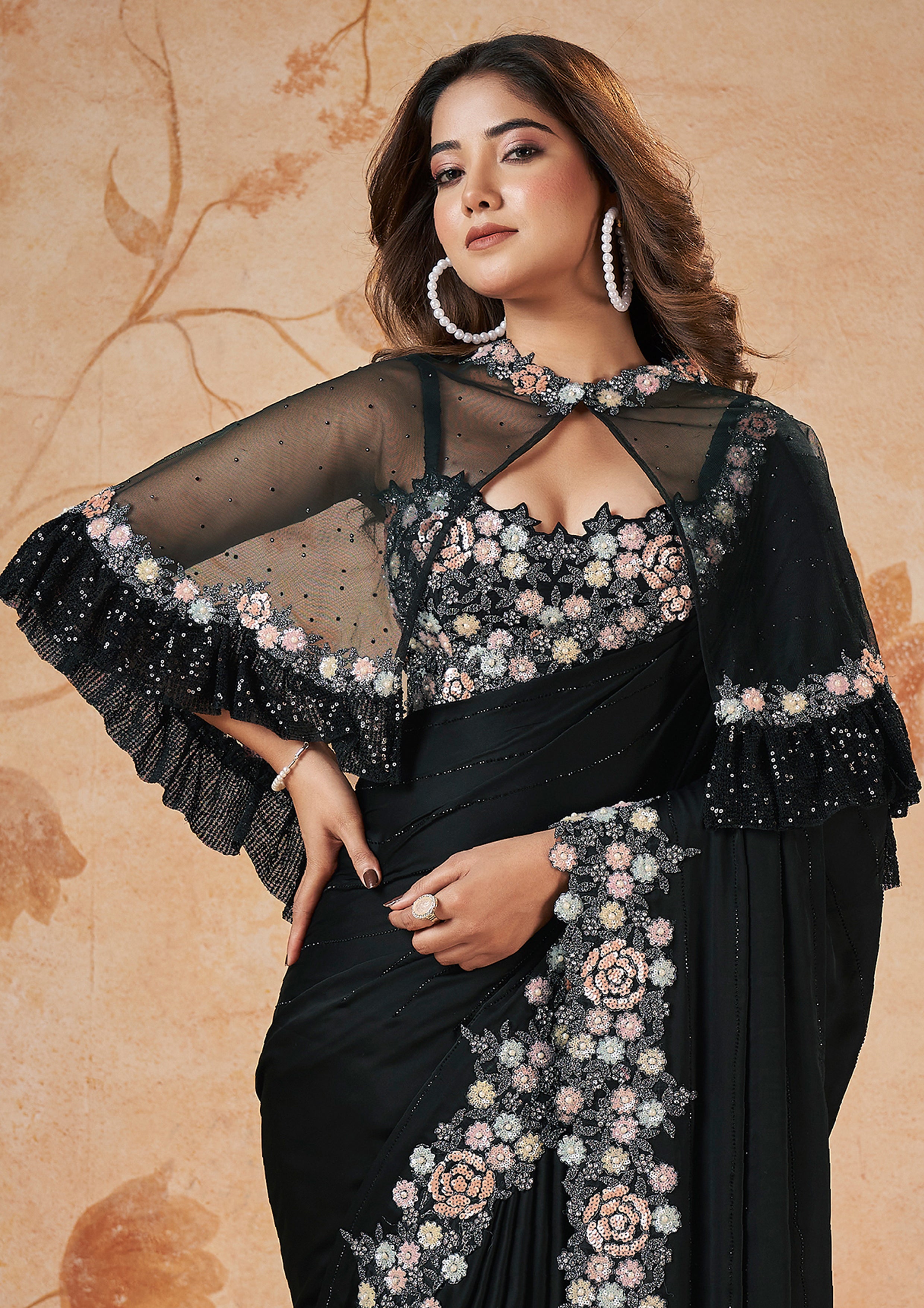 Onyx Black Embellished Crepe Satin Silk Saree