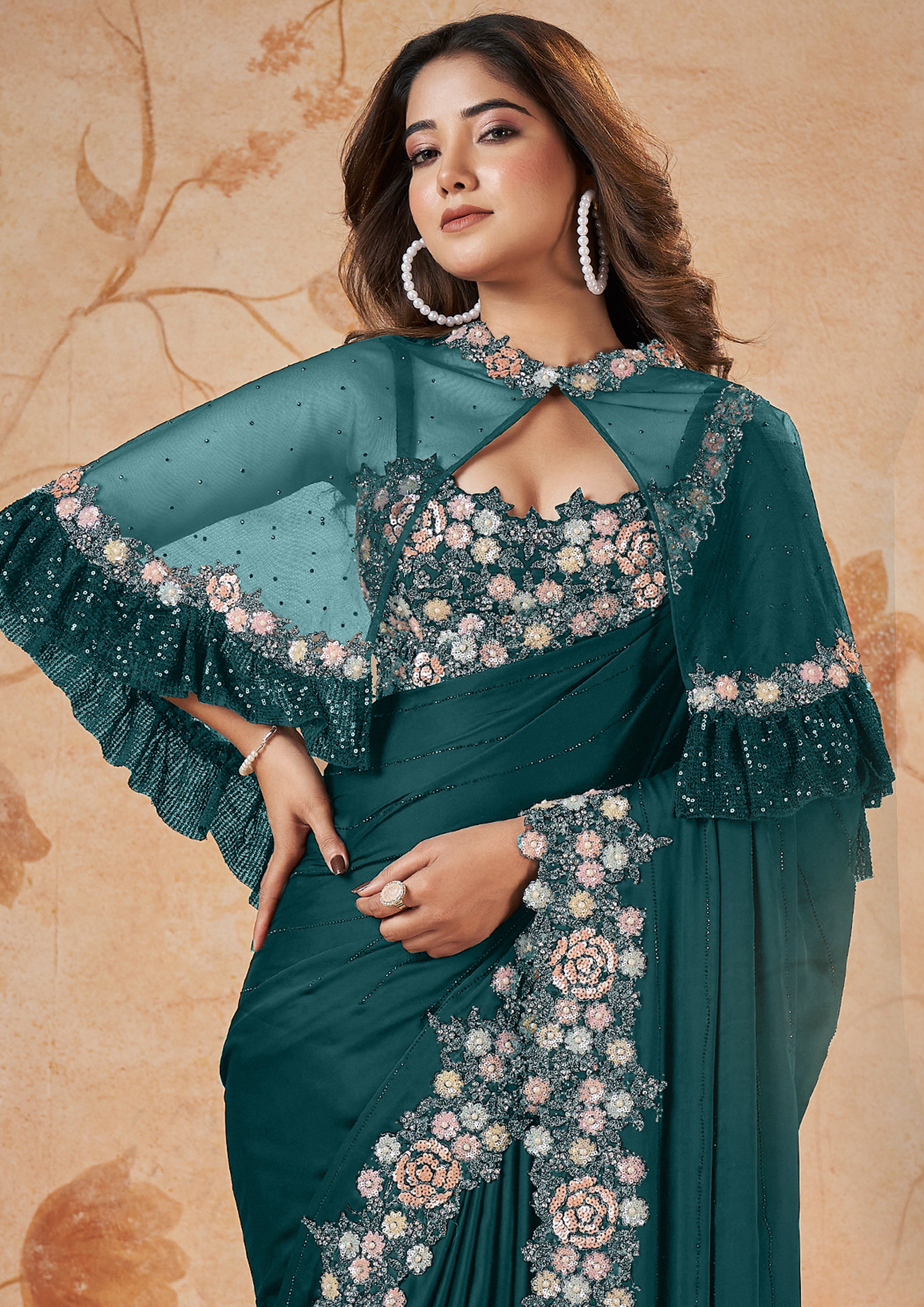 Peacock Blue Embellished Crepe Satin Silk Saree