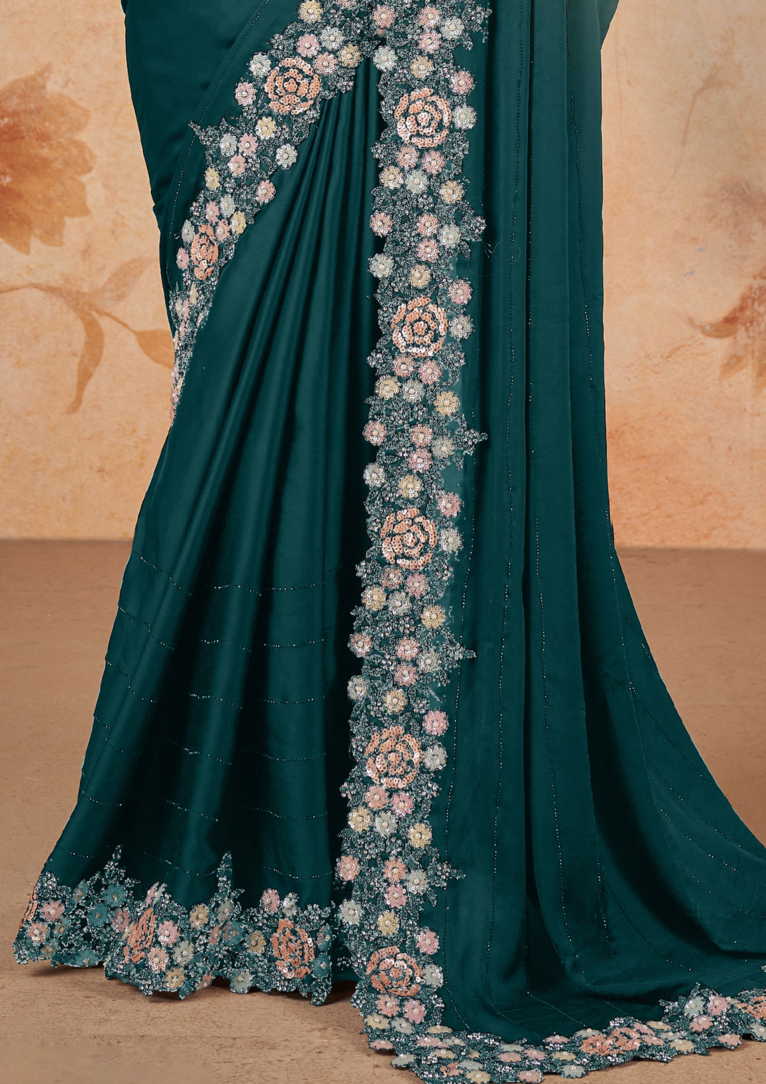 Peacock Blue Embellished Crepe Satin Silk Saree