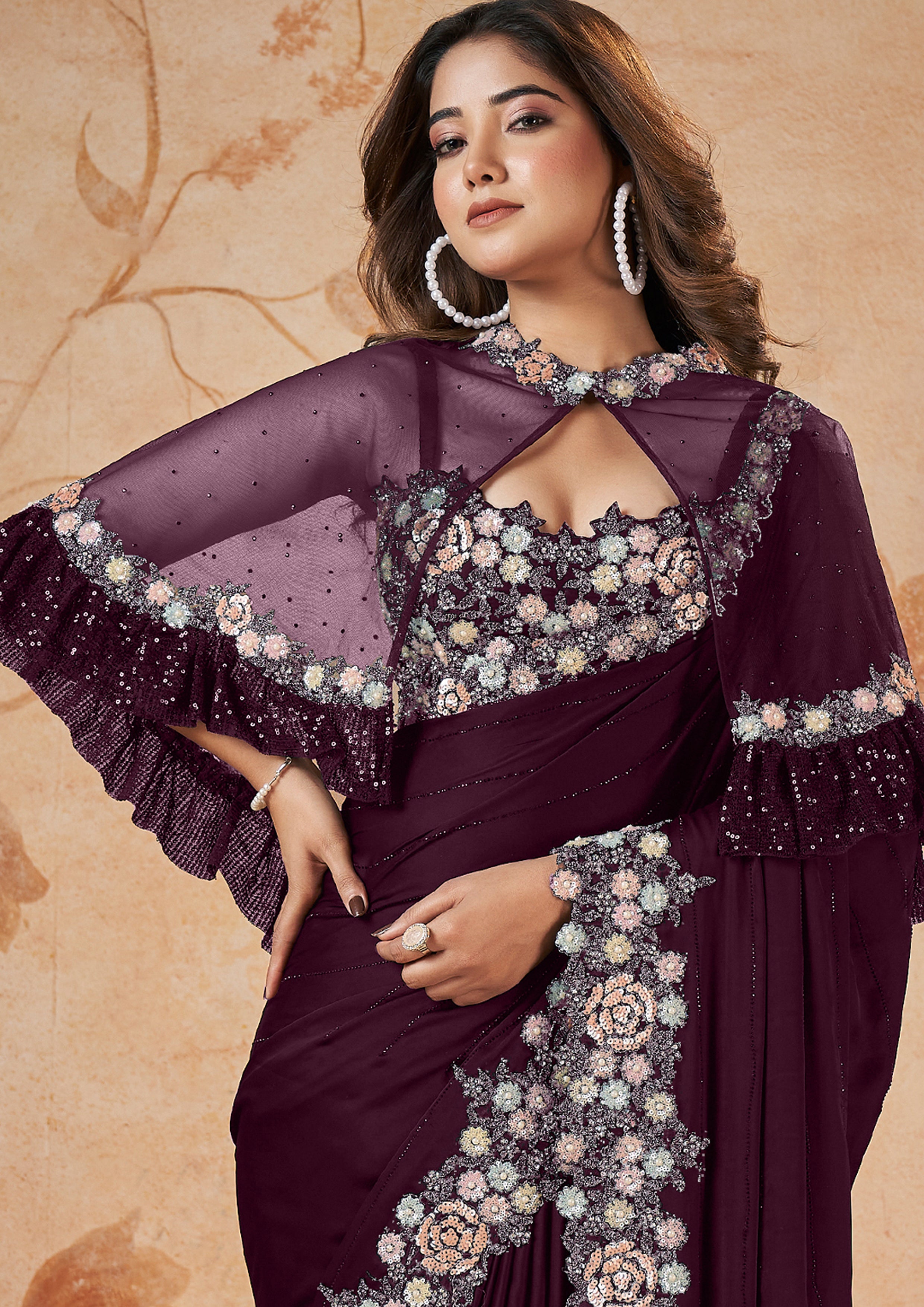 Deep Purple Embellished Crepe Satin Silk Saree