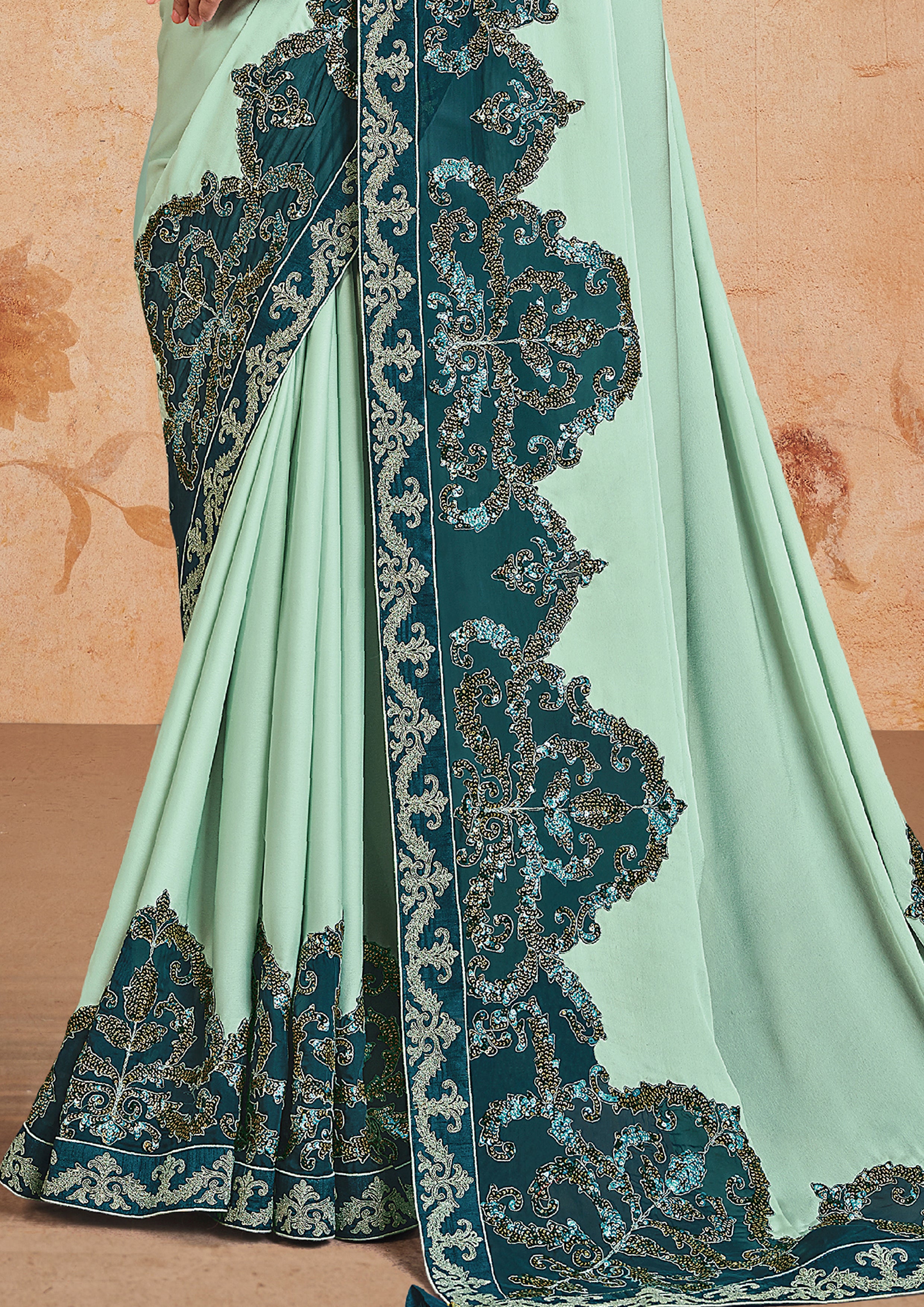 Seafoam Embroidered Georgette Silk Saree