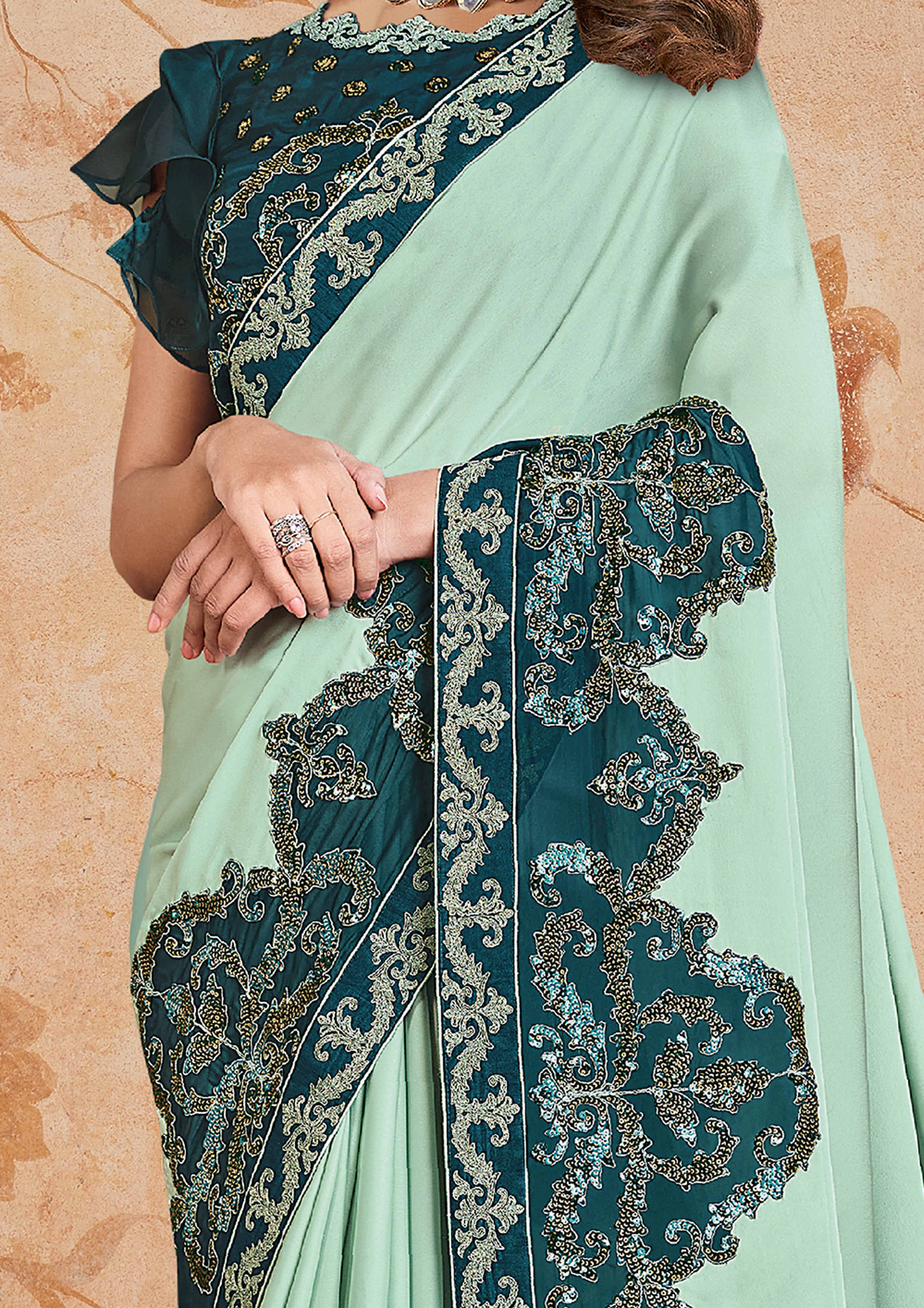 Seafoam Embroidered Georgette Silk Saree