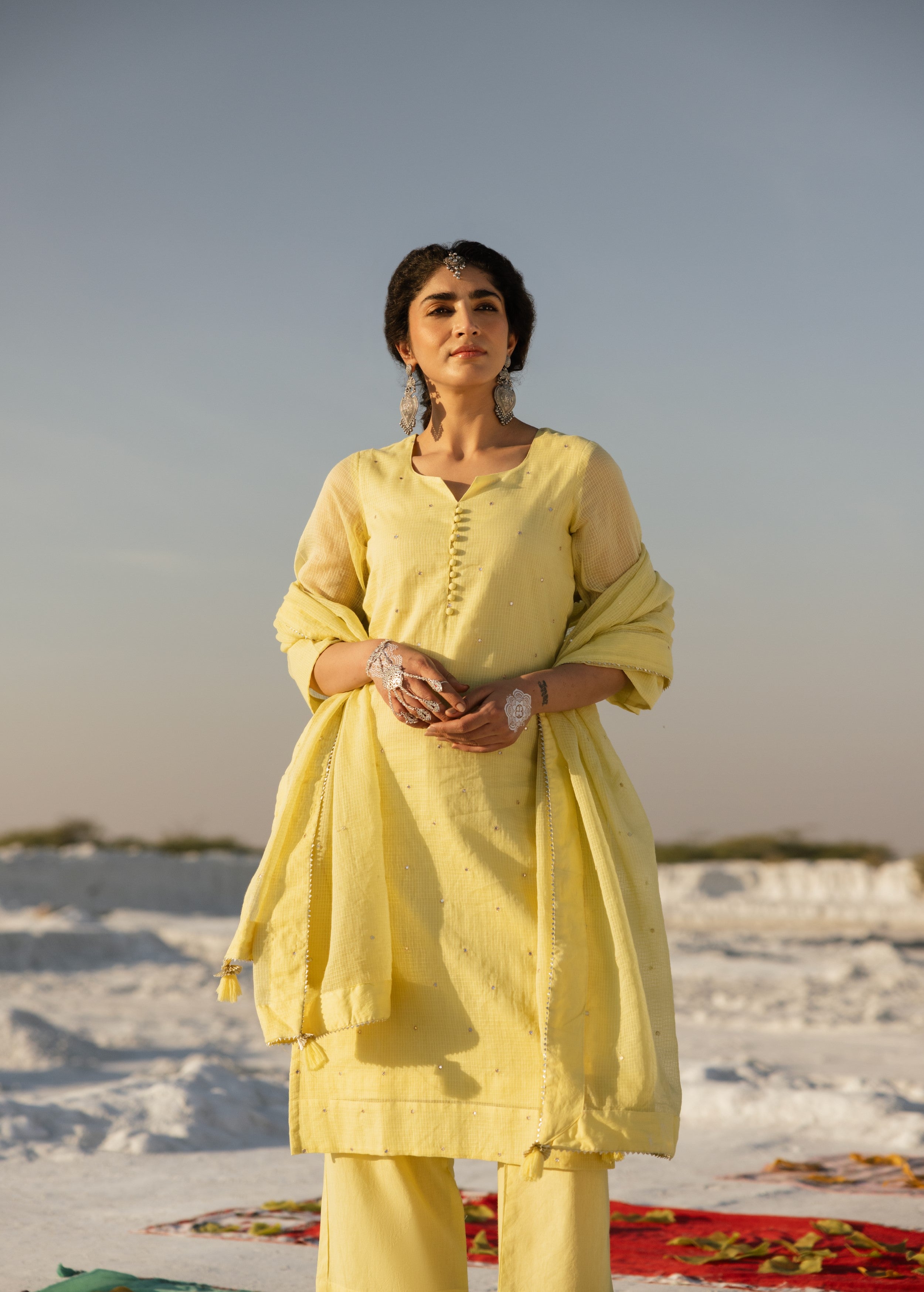 Light Yellow Embroidered Kota Doria Pant Set