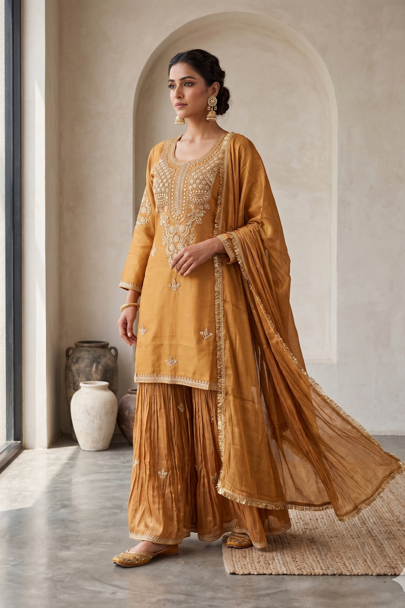 Mustard Gold Tissue Silk Sharara Set
