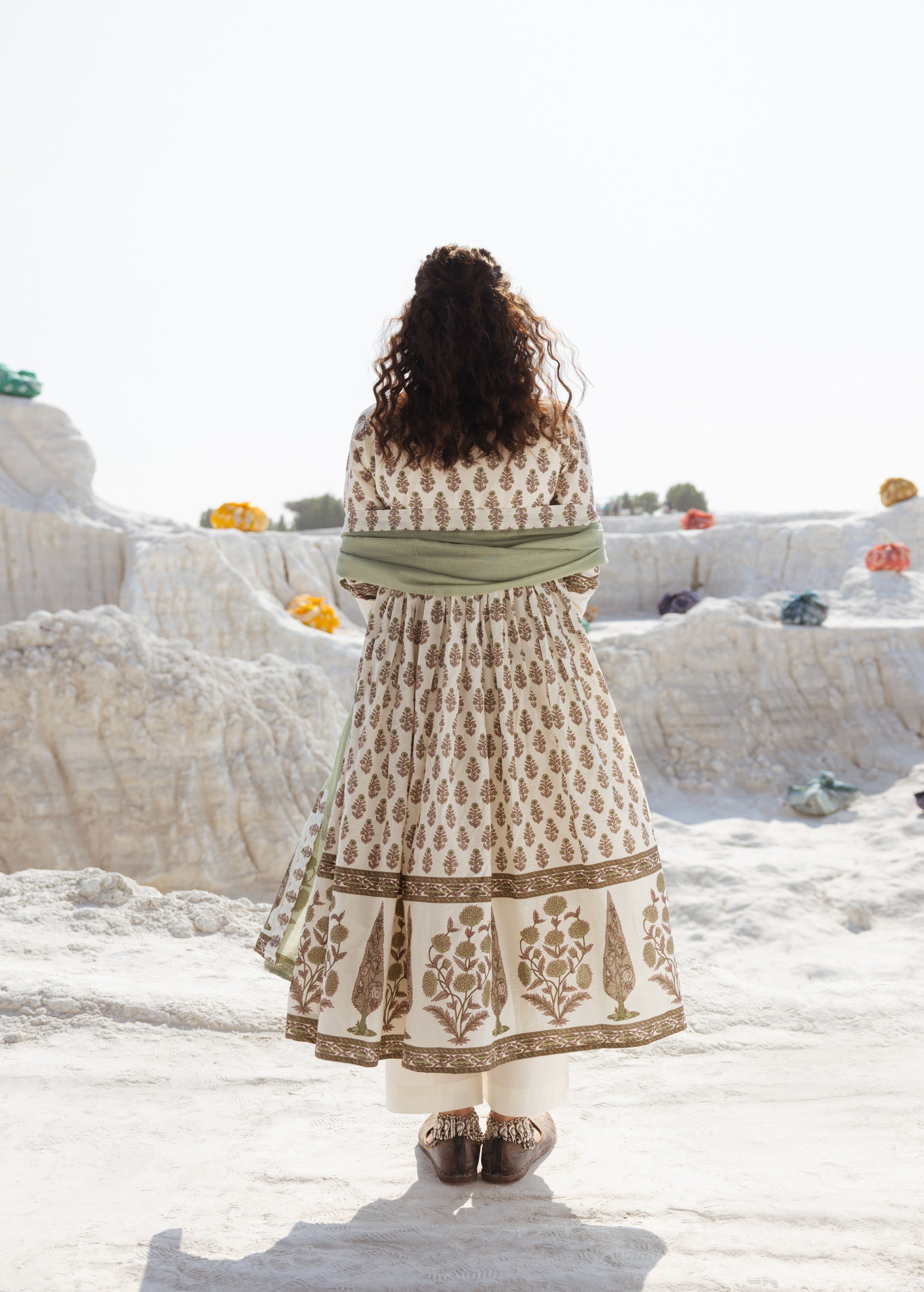 Cream and Olive Printed Organic Cotton Anarkali Set