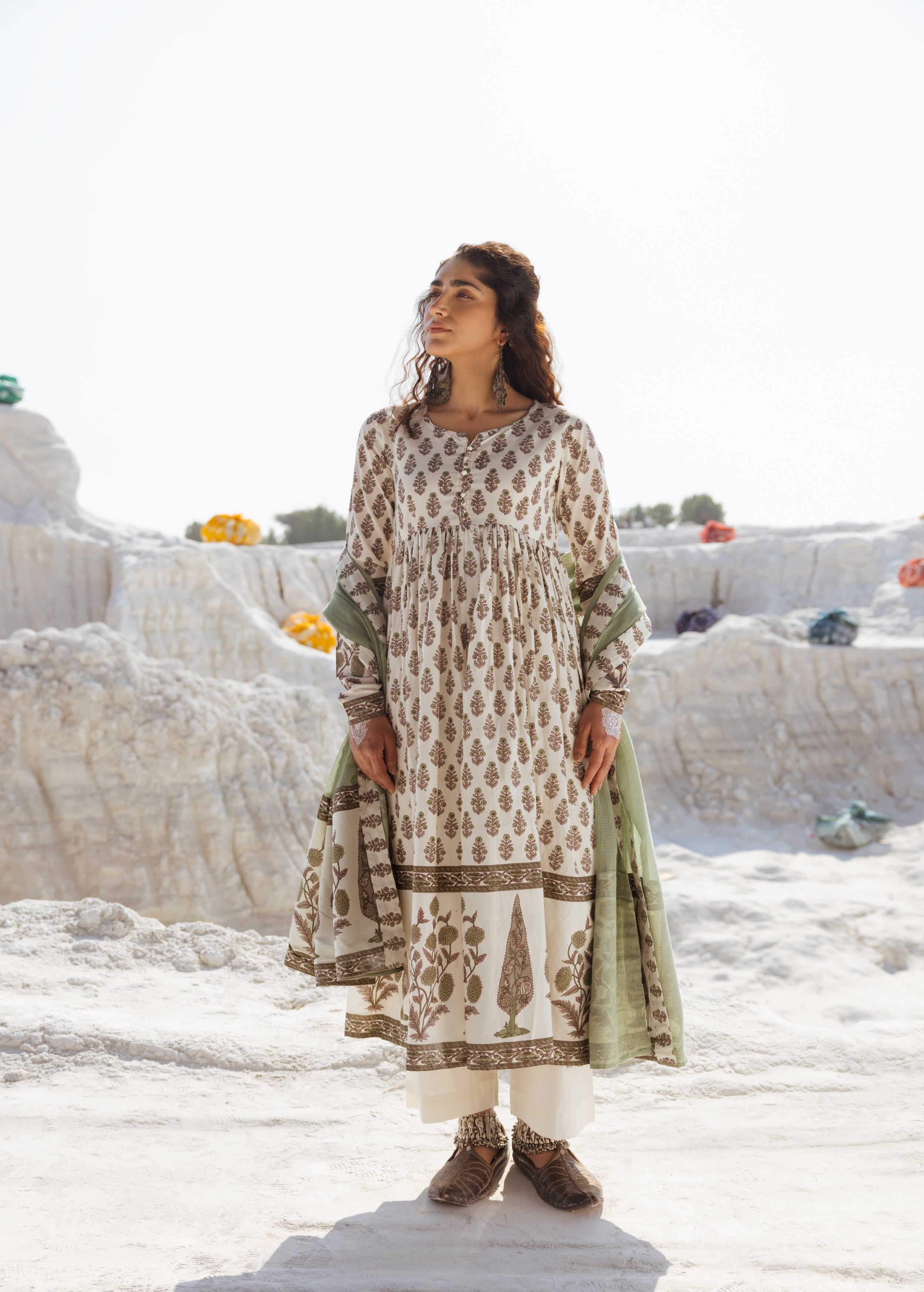 Cream and Olive Printed Organic Cotton Anarkali Set