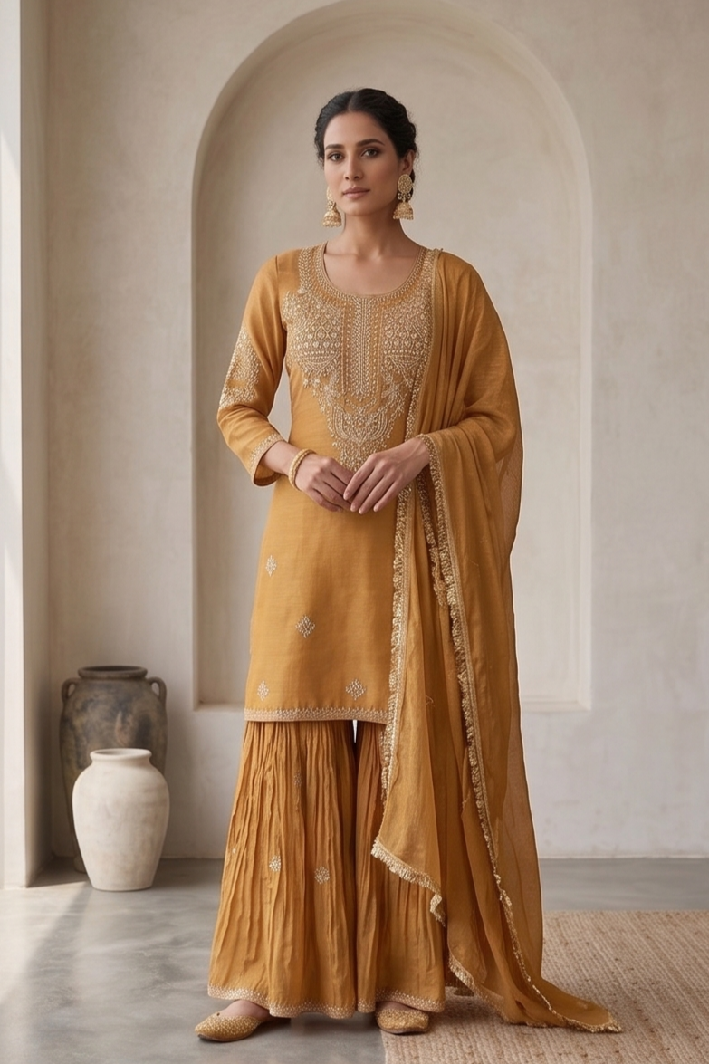 Mustard Gold Tissue Silk Sharara Set